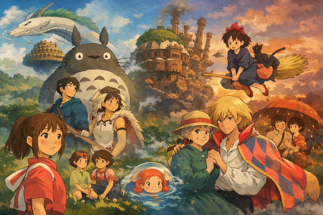 A landscape collage of iconic Studio Ghibli characters and scenes including Totoro, Spirited Away, Princess Mononoke, Howl’s Moving Castle, and Kiki’s Delivery Service.
