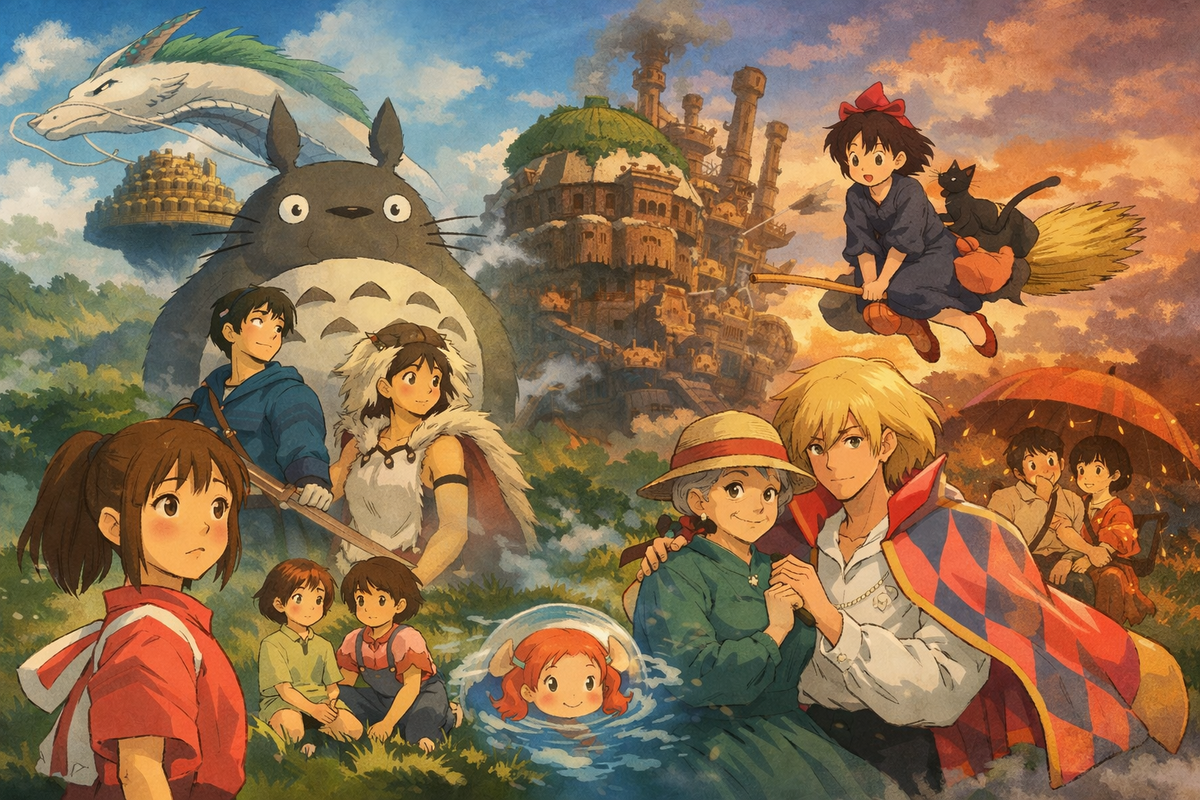 A landscape collage of iconic Studio Ghibli characters and scenes including Totoro, Spirited Away, Princess Mononoke, Howl’s Moving Castle, and Kiki’s Delivery Service.