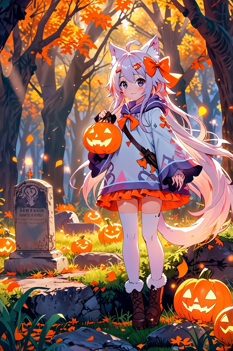 Autumn Cat Spirit Anime Poster Fall Wall Art Kawaii Cat Girl with Pumpkins Cozy Halloween Aesthetic Gift for Anime Fans and Collectors