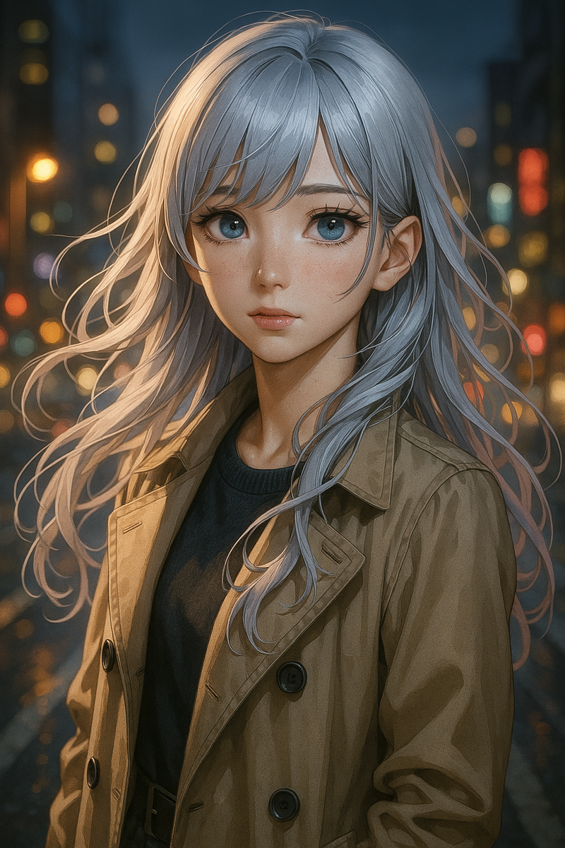 Anime Girl Wall Art, Silver Haired Girl in Trench Coat, City Night Street Scene Poster, Modern Realistic Anime Aesthetic Print