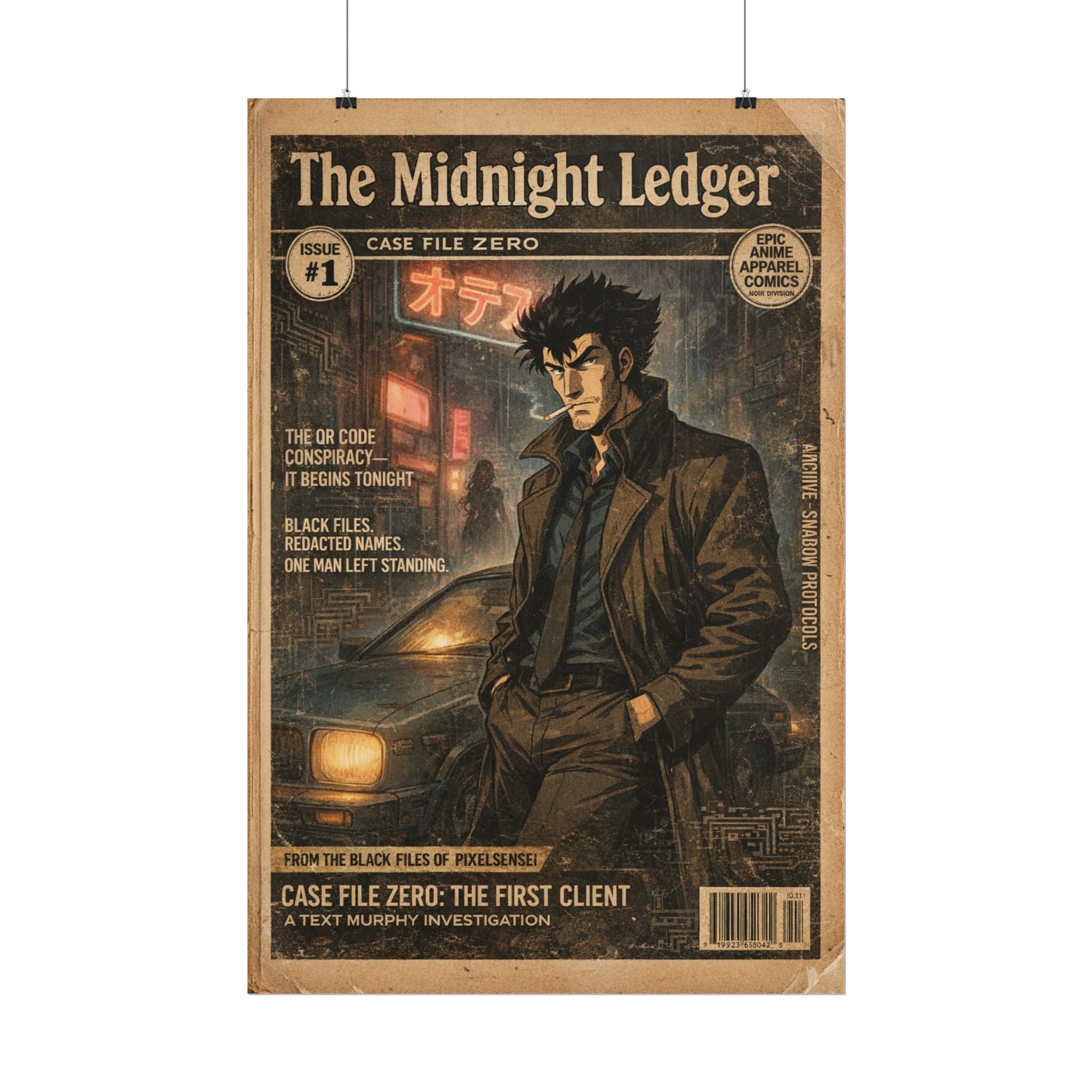 Midnight Ledger Vintage Noir Poster — Rolled Anime Detective Art