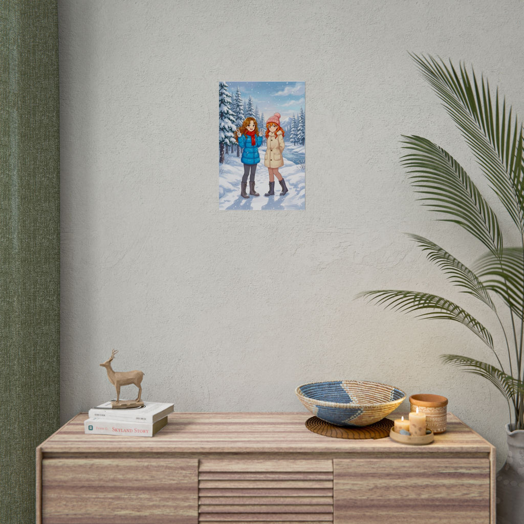 Anime Winter Girls Poster Cozy Snow Scene Wall Art Cute Seasonal Print for Anime Lovers and Fans