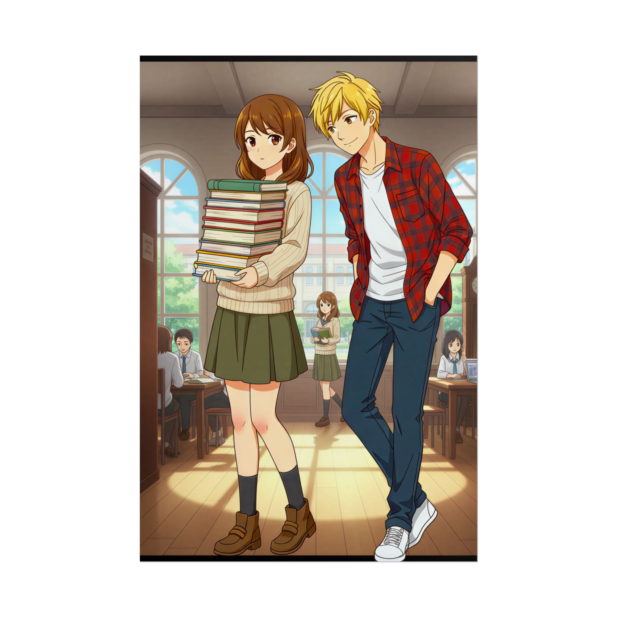 Anime Library Poster Cute School Romance Wall Art Cozy Fall Scene for Anime Lovers and Students