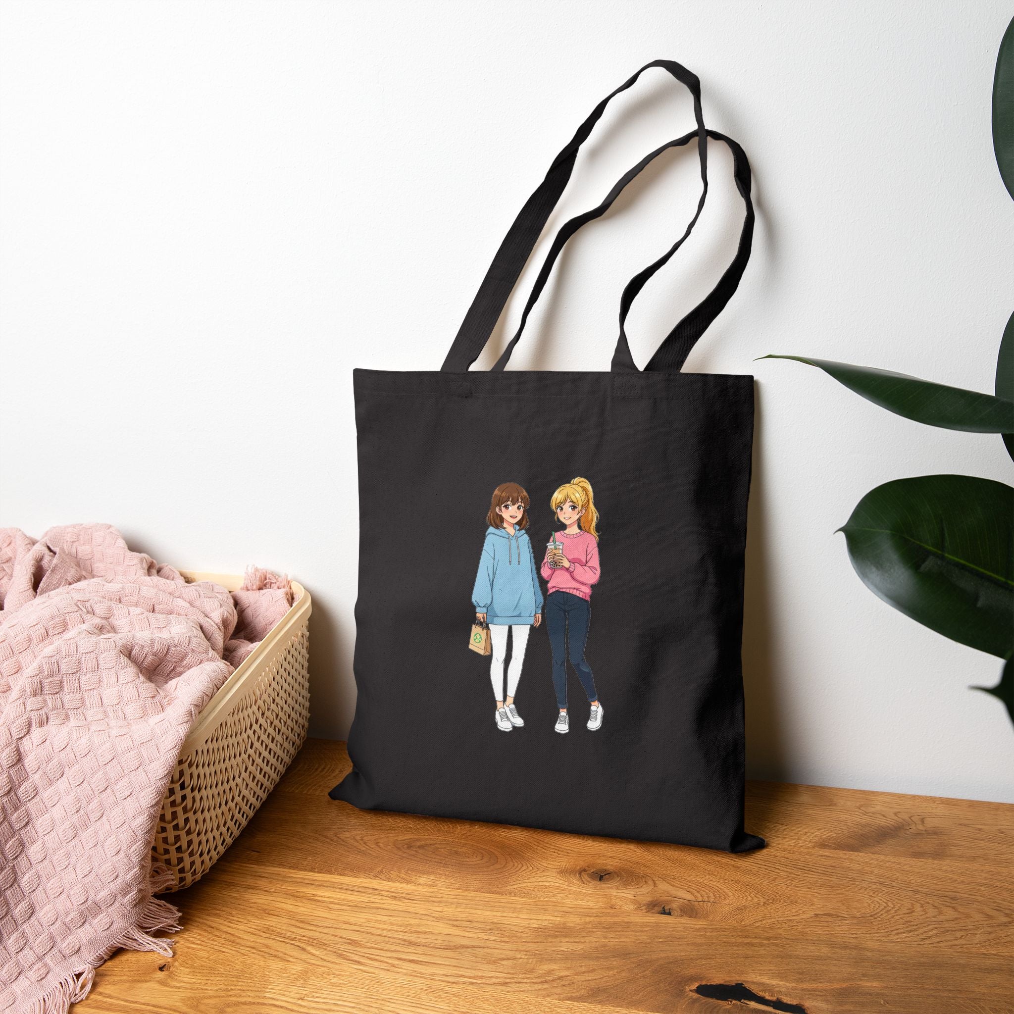 Anime Boba Girls Tote Bag Cute Slice of Life Shopping Bag for Anime Fans and Cozy Aesthetic Lovers