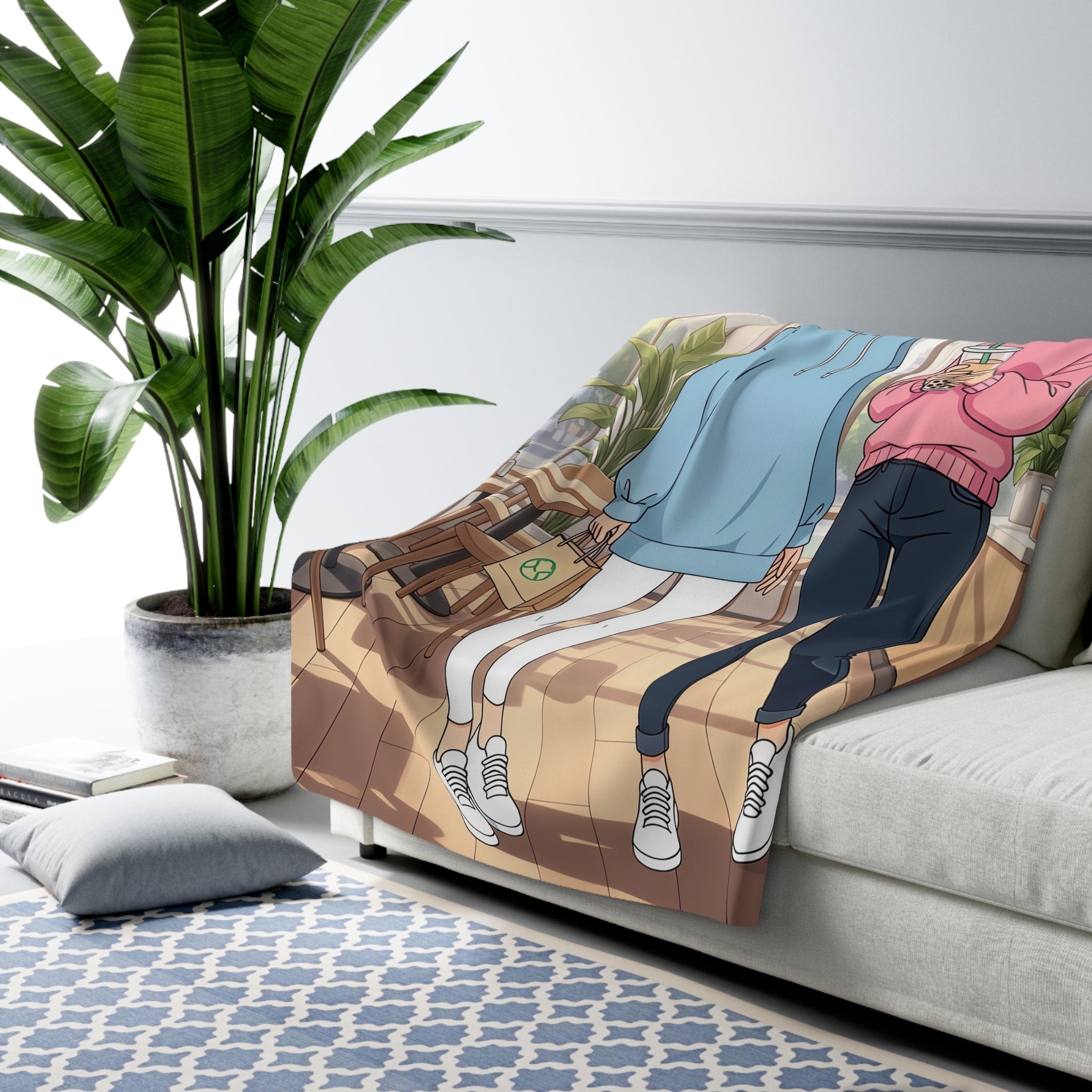 Anime Boba Girls Sherpa Blanket Cozy Soft Throw for Bedroom or Anime Lover Gift