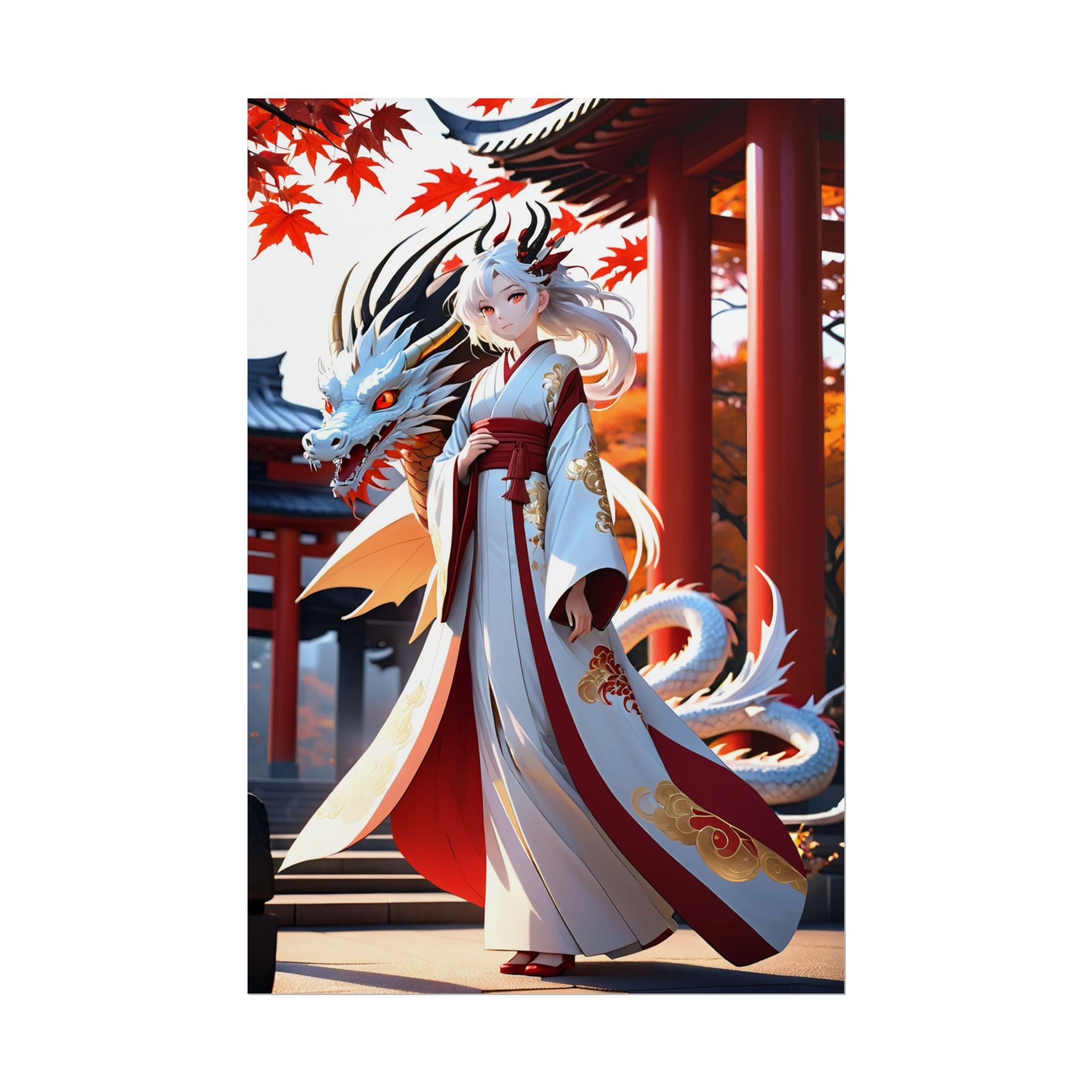 Dragon Shrine Anime Poster – White Dragon Guardian Wall Art, Japanese Temple Fantasy Print, Autumn Anime Girl Artwork, Collector Poster | Epic Anime Apparel