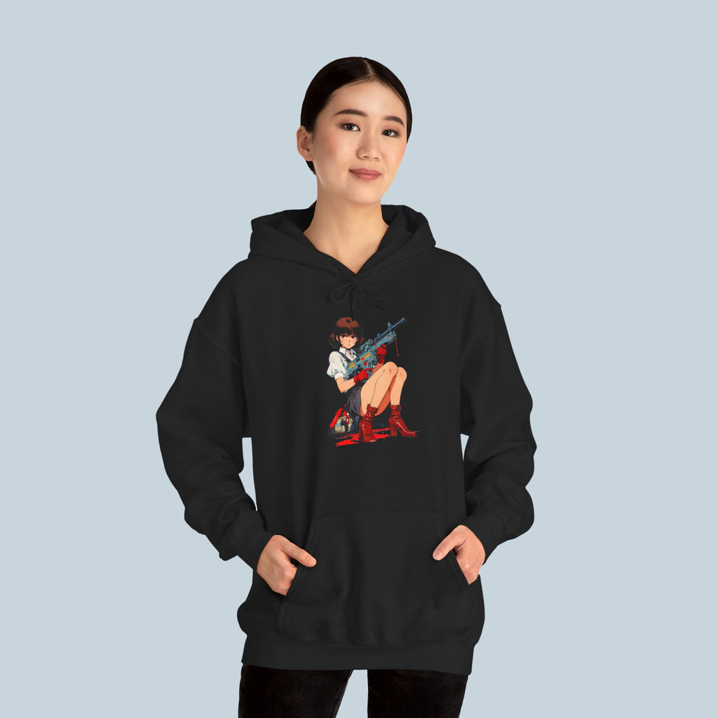 Anime Girl Hoodie – Seated Sniper Schoolgirl with Red Boots and Sci-Fi Rifle | Streetwear Hoodie for Gamers and Anime Fans