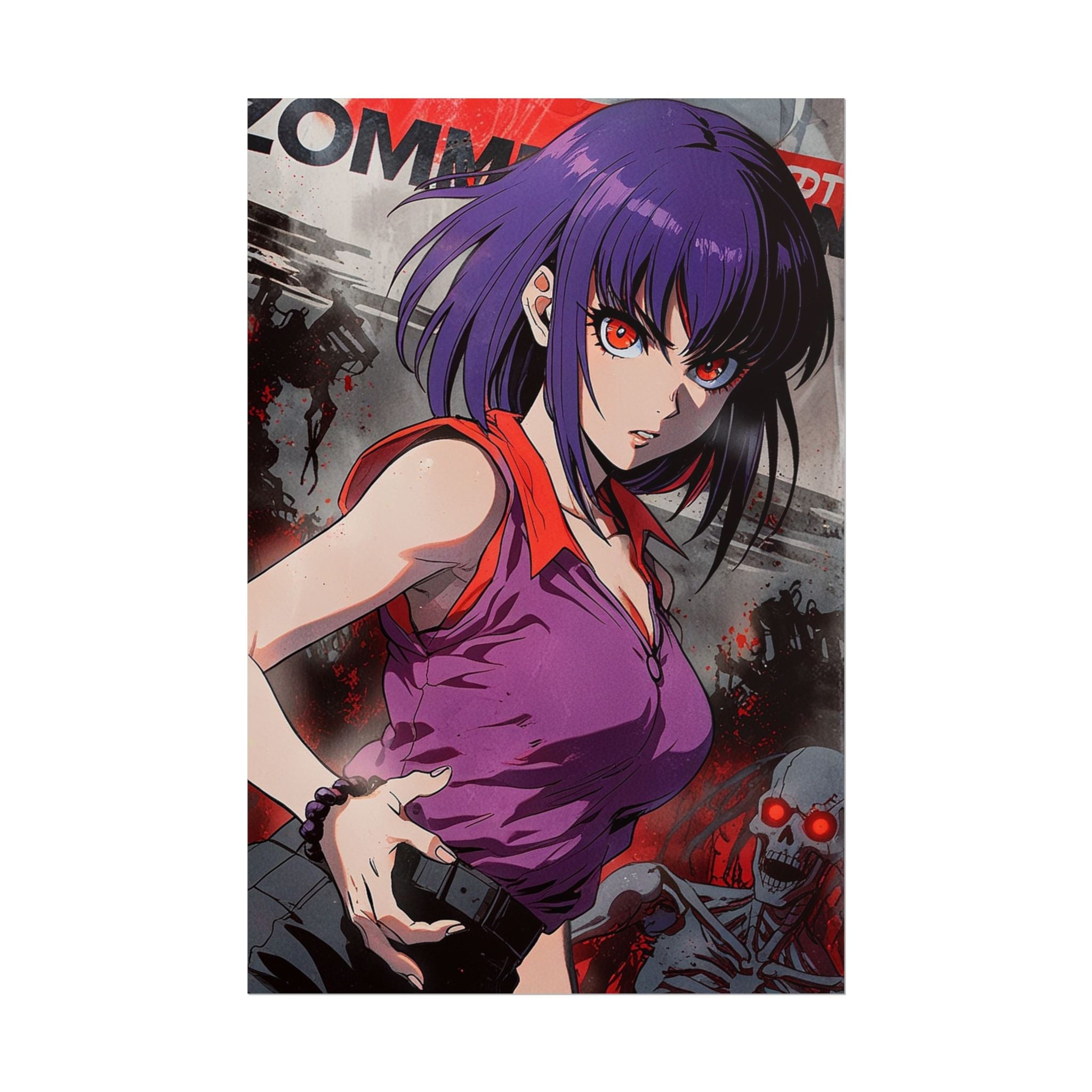Purple-Haired Zombie Hunter Anime Poster – Horror Pin-Up Wall Art, Retro Apocalypse Action Print, Zomba Squad Decor