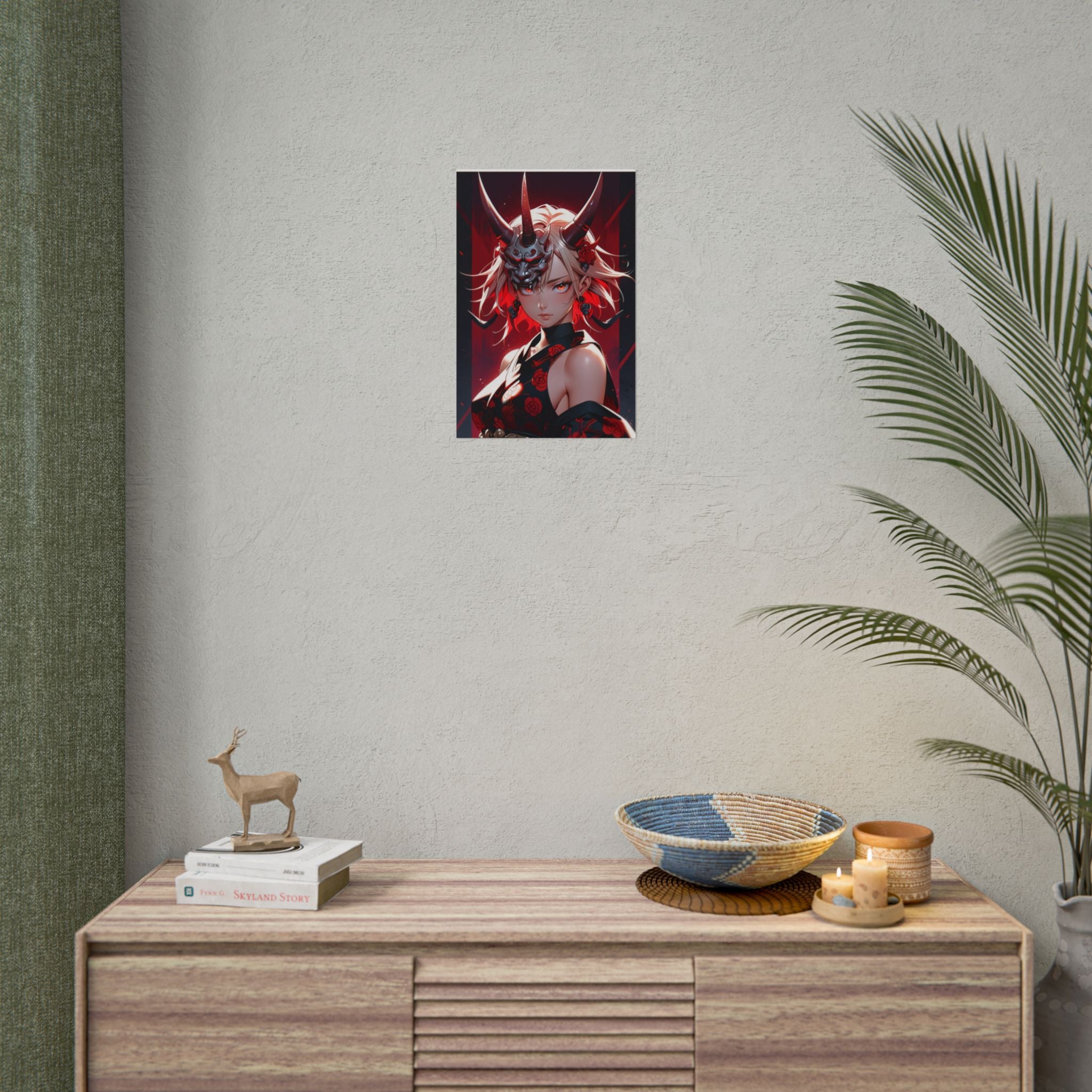 Oni Mask Anime Poster - Demon Girl Horror Wall Art - Red Rose Gothic Anime Print - Japanese Oni Girl Decor - Dark Fantasy Pin Up Poster - Epic Anime Apparel