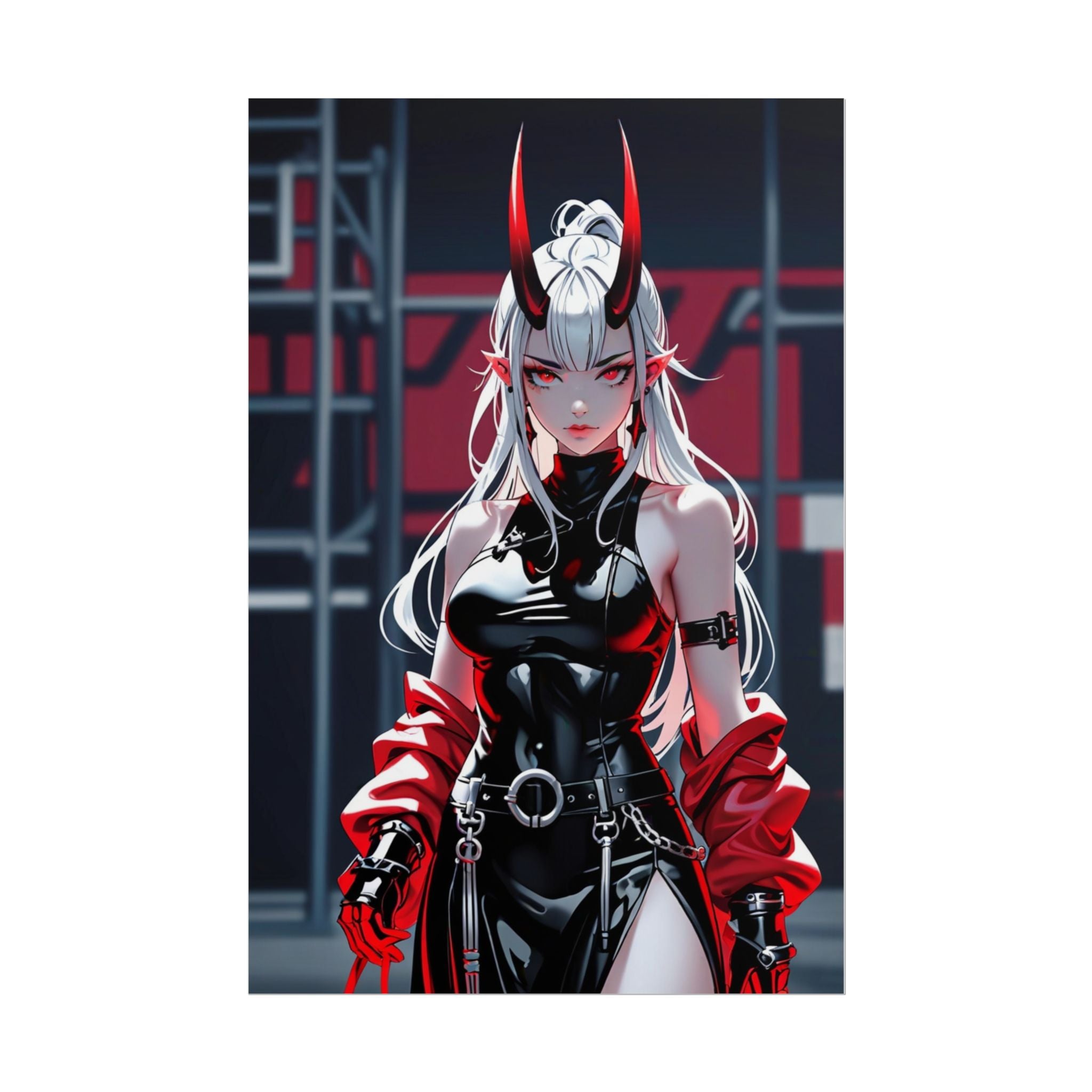 White Haired Demon Girl Poster - Anime Horror Wall Art - Red Horn Oni Girl Print - Sexy Pin Up Anime Decor - Gothic Cyberpunk Demon Artwork - Epic Anime Apparel