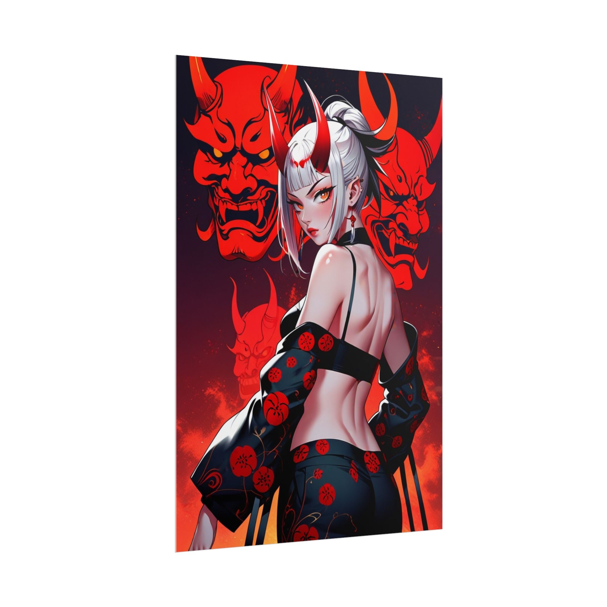 Oni Mask Demon Girl Poster – Sexy Anime Pin Up Wall Art Print, Japanese Horror Decor, Cyberpunk Manga Demon Poster