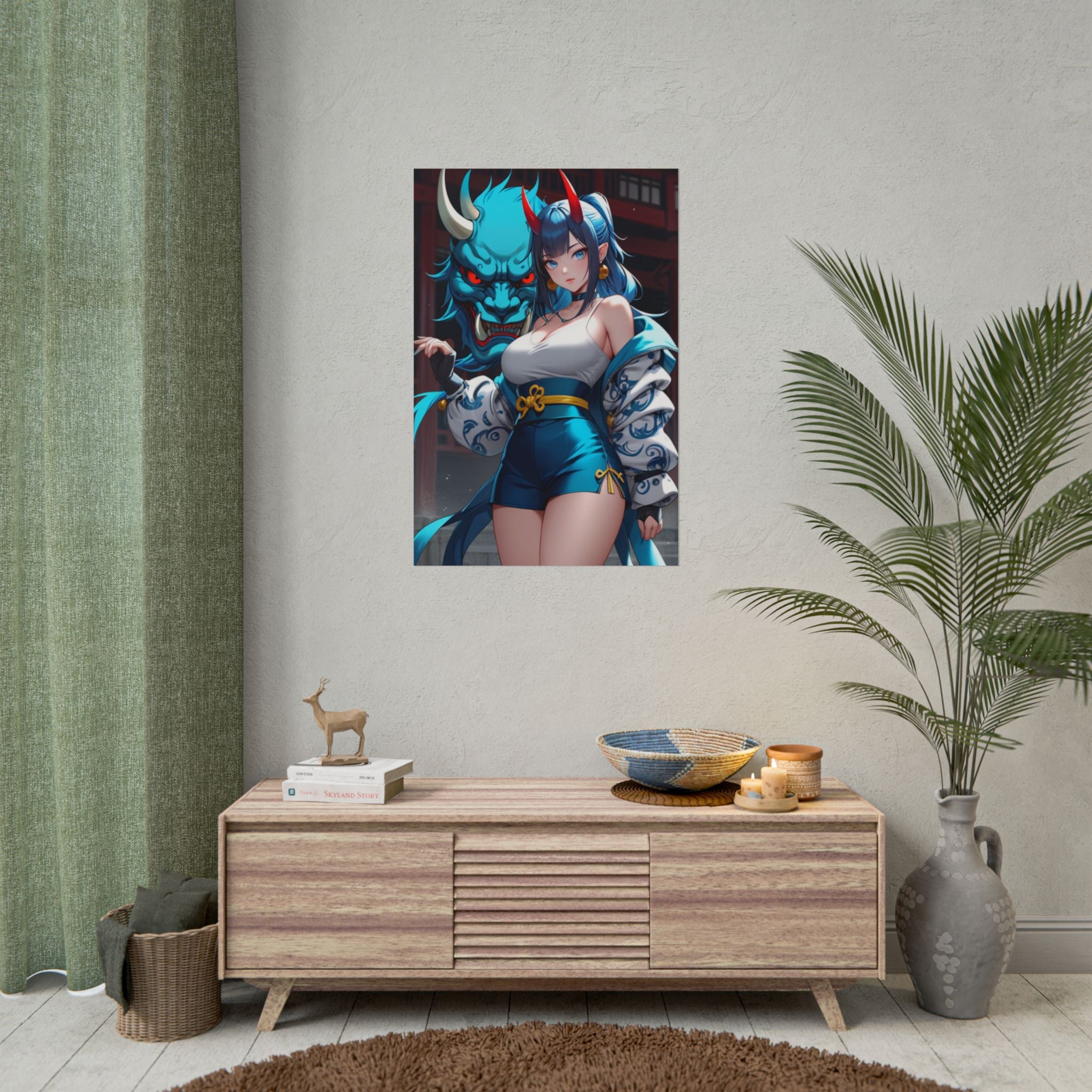 Blue Oni Demon Girl Anime Poster – Japanese Yokai Guardian Wall Art, Cyber Streetwear Fantasy Print, Anime Shrine Aesthetic Collector Poster | Epic Anime Apparel