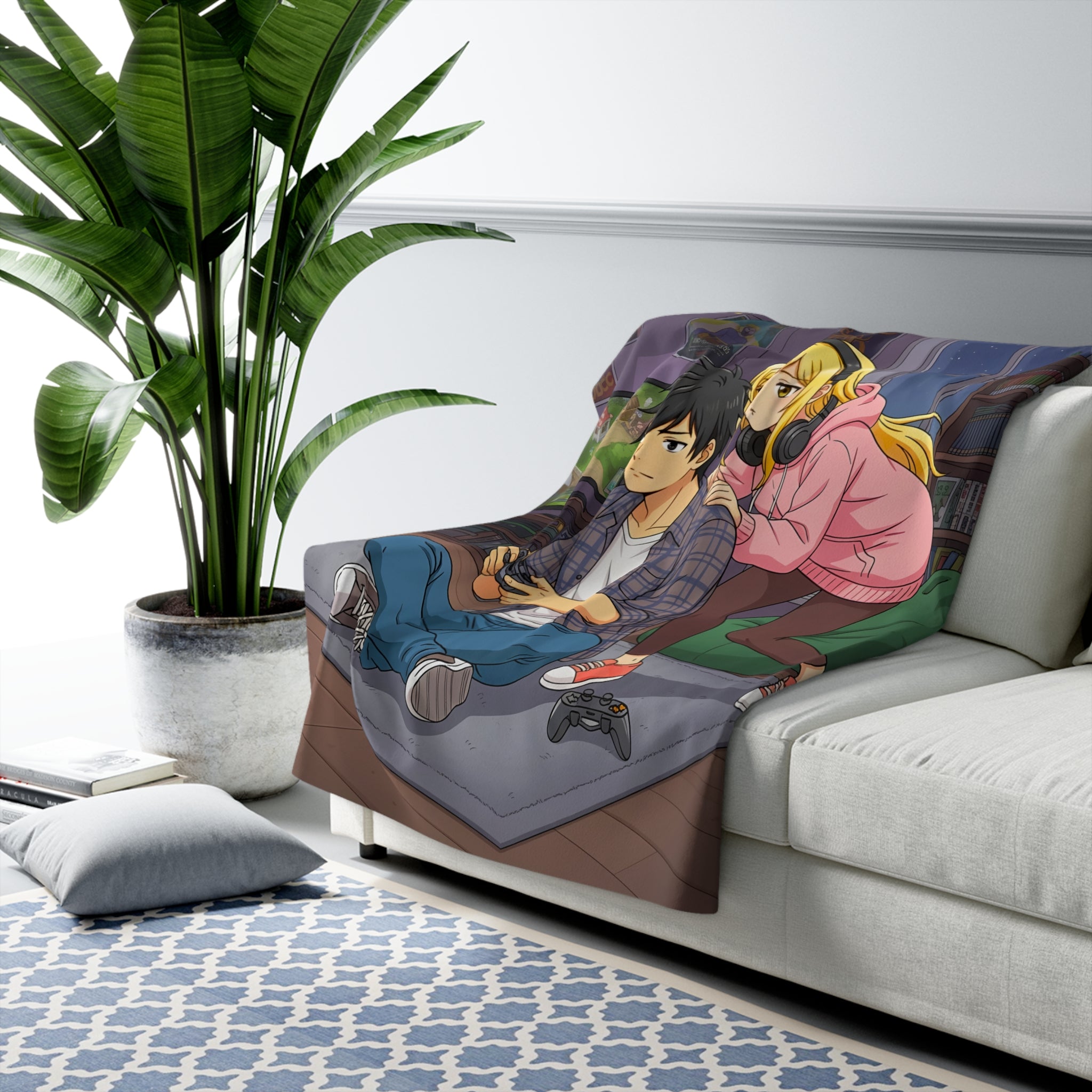 Cozy Gamer Couple Sherpa Fleece Blanket — Anime Gaming Room Design
