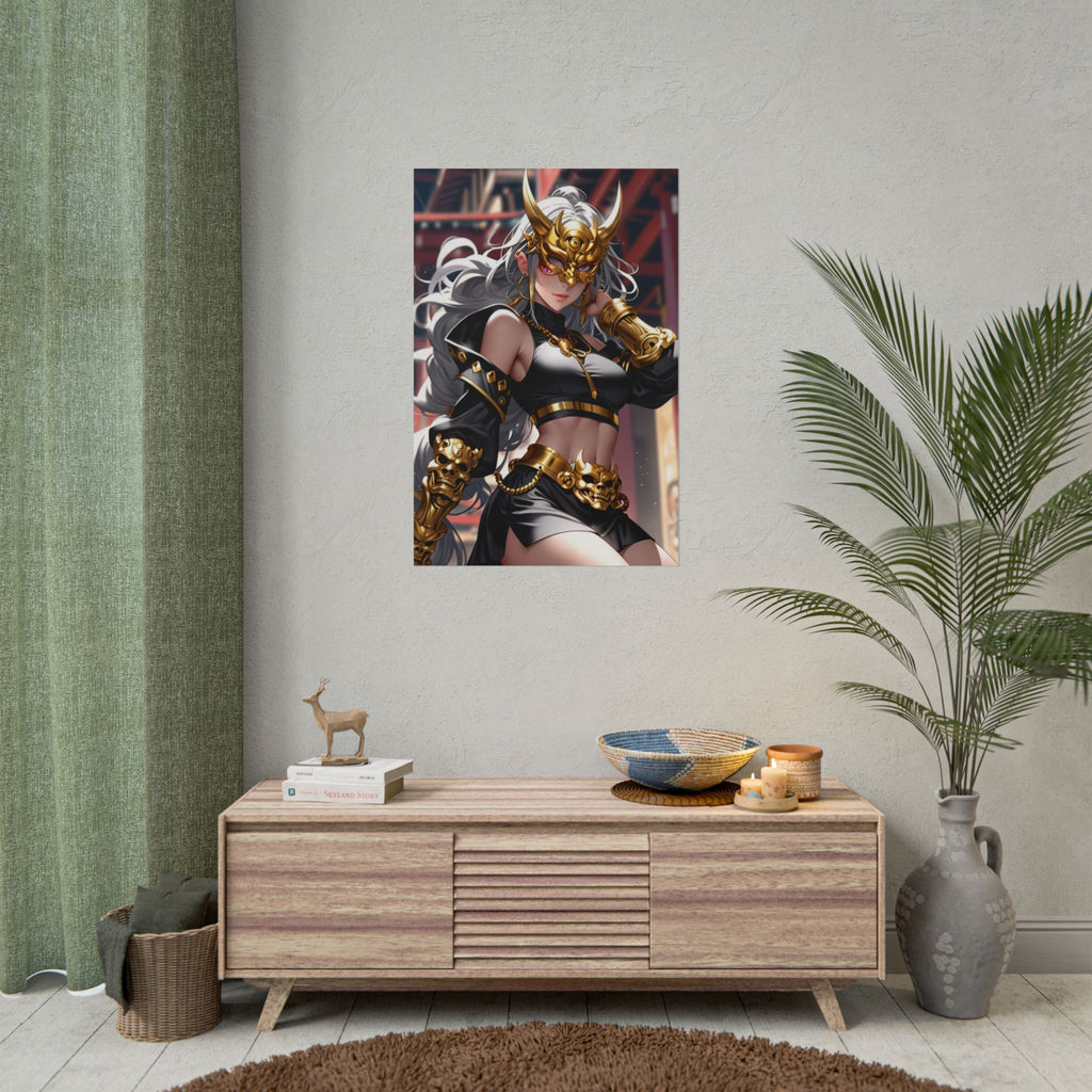 Golden Oni Mask Anime Poster – Horned Demon Girl Wall Art, Japanese Skull Armor Fantasy Print, Dark Pin Up Villain Artwork, Collector Poster | Epic Anime Apparel