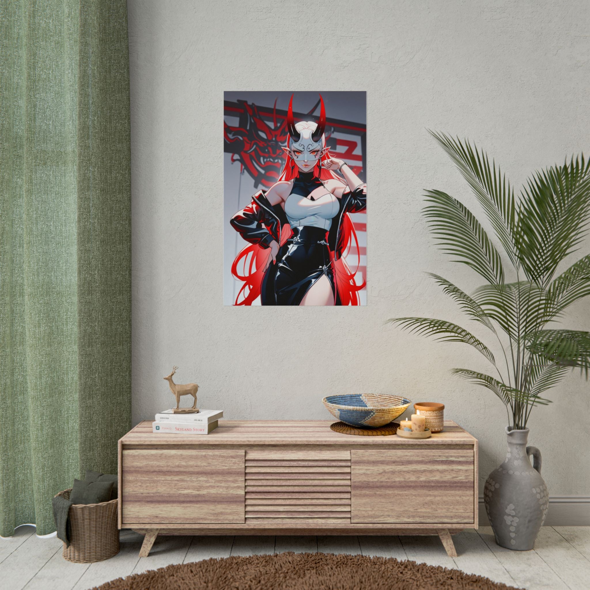 Oni Demon Girl Poster - Anime Horror Wall Art - Japanese Oni Mask Print - Sexy Pin Up Anime Decor - Cyberpunk Demon Girl Artwork - Epic Anime Apparel