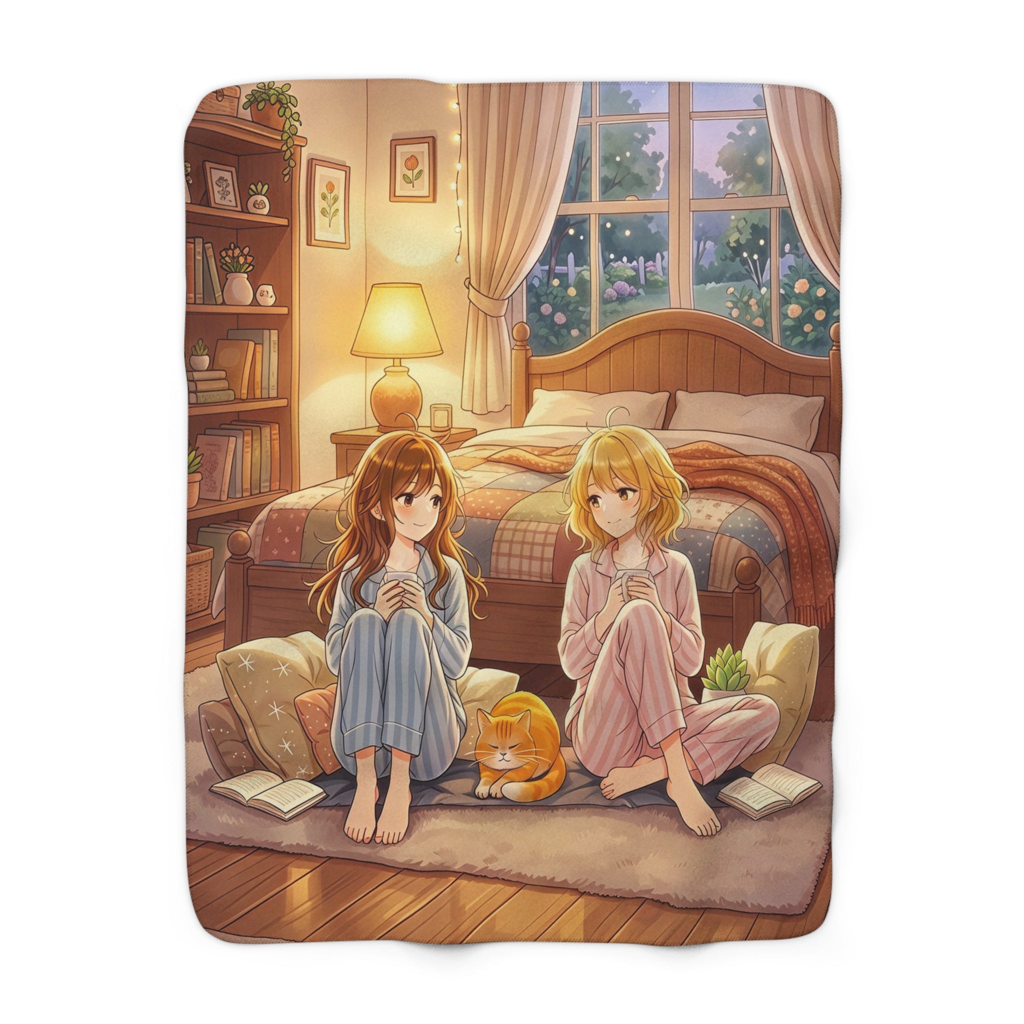 Cozy Anime Girls Sherpa Blanket Pajama Sleepover Scene Cute Cat Throw Blanket for Anime Fans and Book Lovers