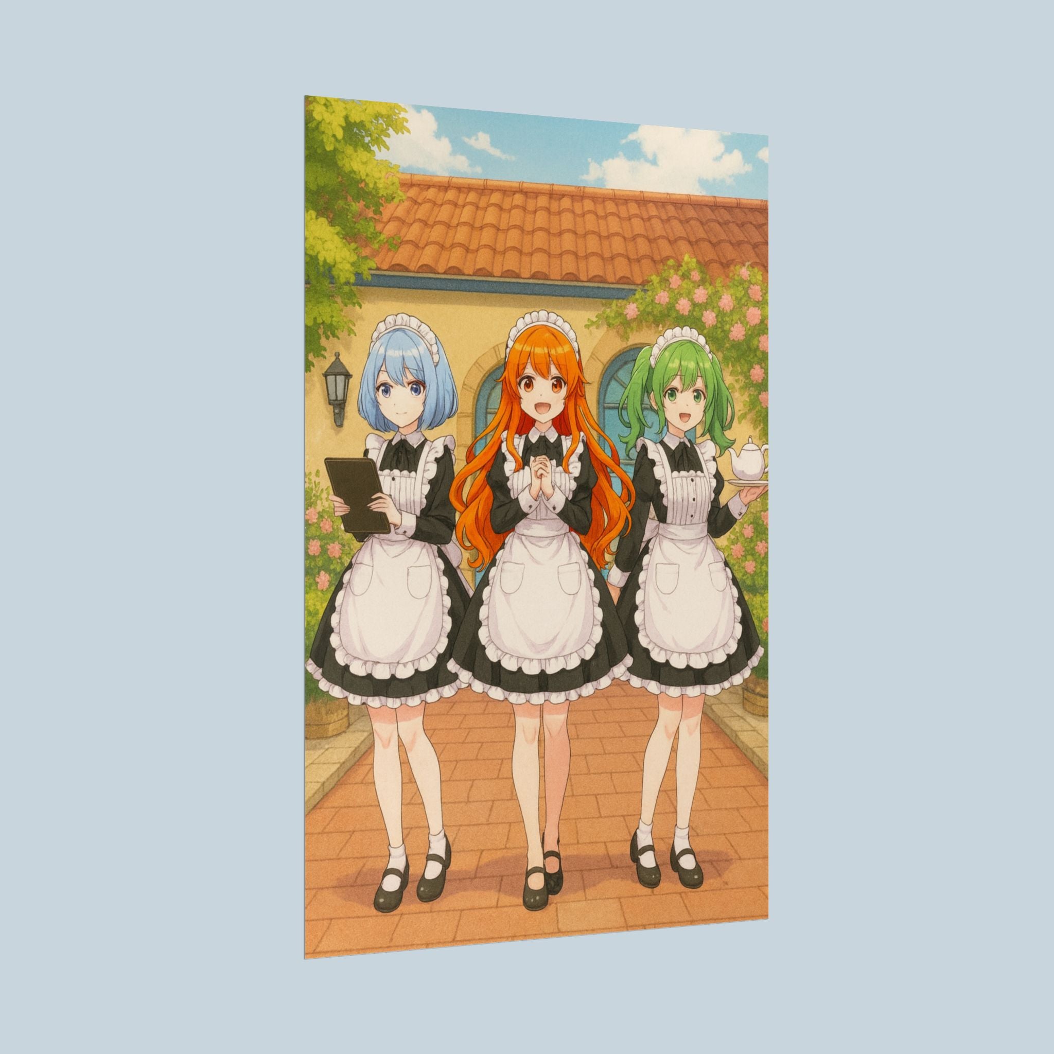 Anime Maid Café Poster Cute Trio Wall Art Japanese Waitress Girls Vintage Aesthetic for Otaku and Collectors