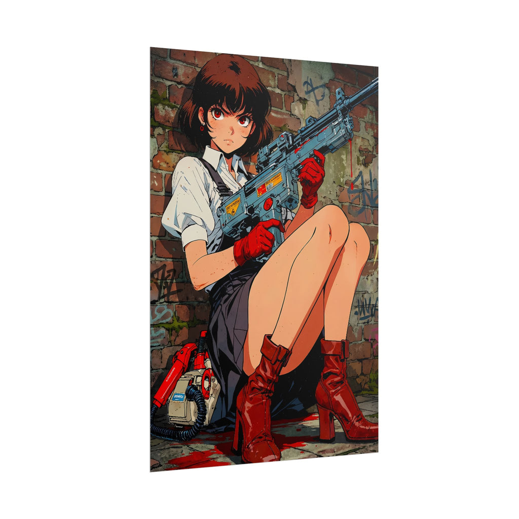 Grindhouse Anime Girl Poster Retro Pin-Up With Rifle Street Graffiti Wall Art For Horror Fans And Collectors