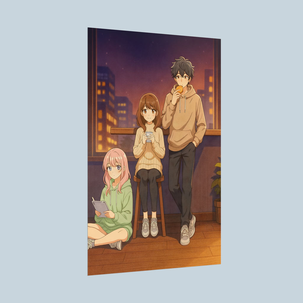Cozy Anime Friends Poster Cute Nighttime Room Wall Art for Fans and Collectors