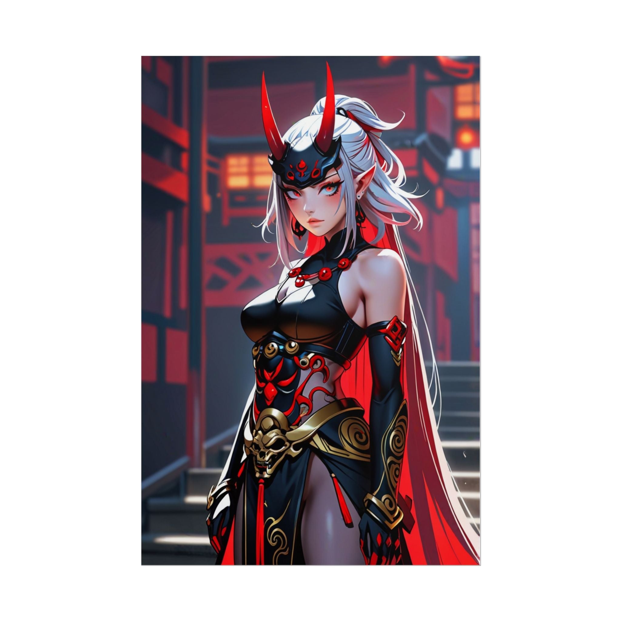 Oni Demon Girl Poster - Anime Pin Up Wall Art - Japanese Horror Fantasy Print - Sexy Demon Mask Art - Cyberpunk Oni Warrior Decor - Epic Anime Apparel