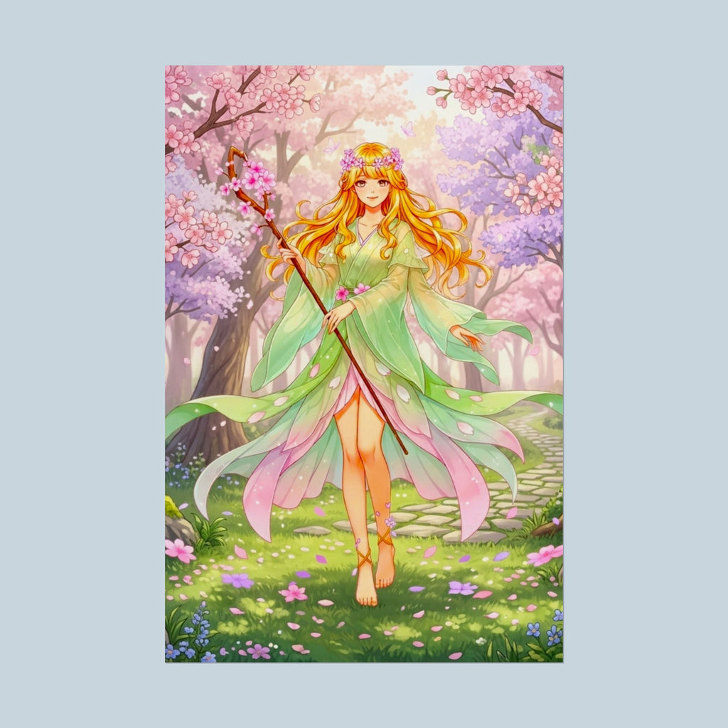 Liora Blossomwyn Poster – Blossom Grove Warden Anime Wall Art, Fantasy Forest Spirit, Spring Guardian Illustration, Epic Anime Lore Character Print