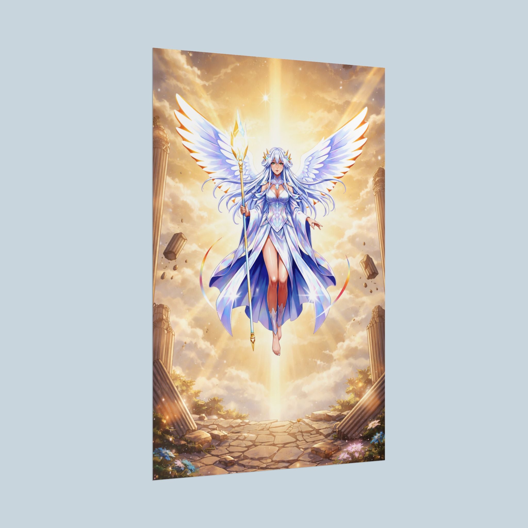 Celestial Angel Anime Poster Lyria Solara Poster Wall Art Vivid Light Fantasy Print for Anime Lovers and Collectors