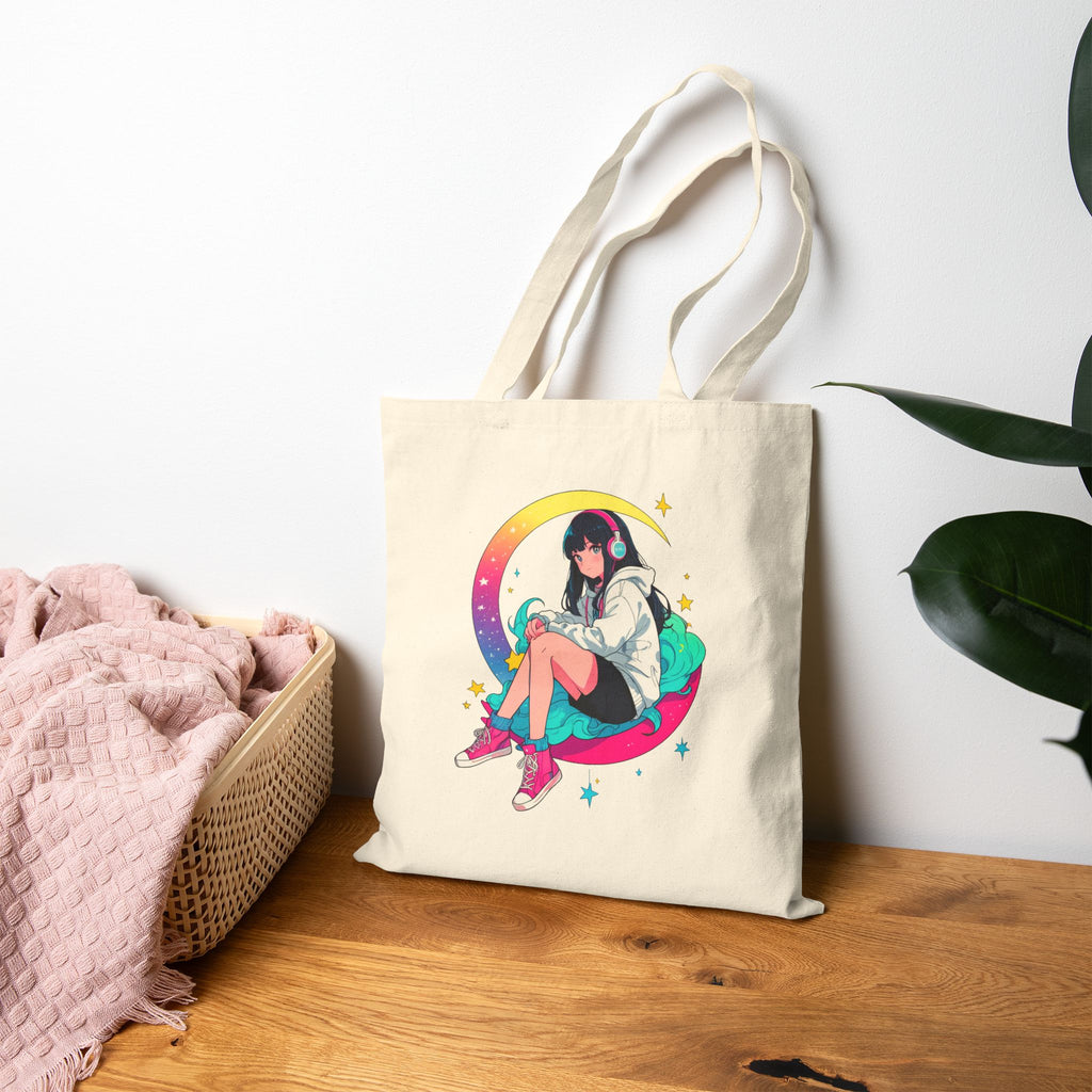 Anime Girl Moon Tote Bag Cute Aesthetic Anime Tote Cozy Pastel Art Reusable Shopping Bag