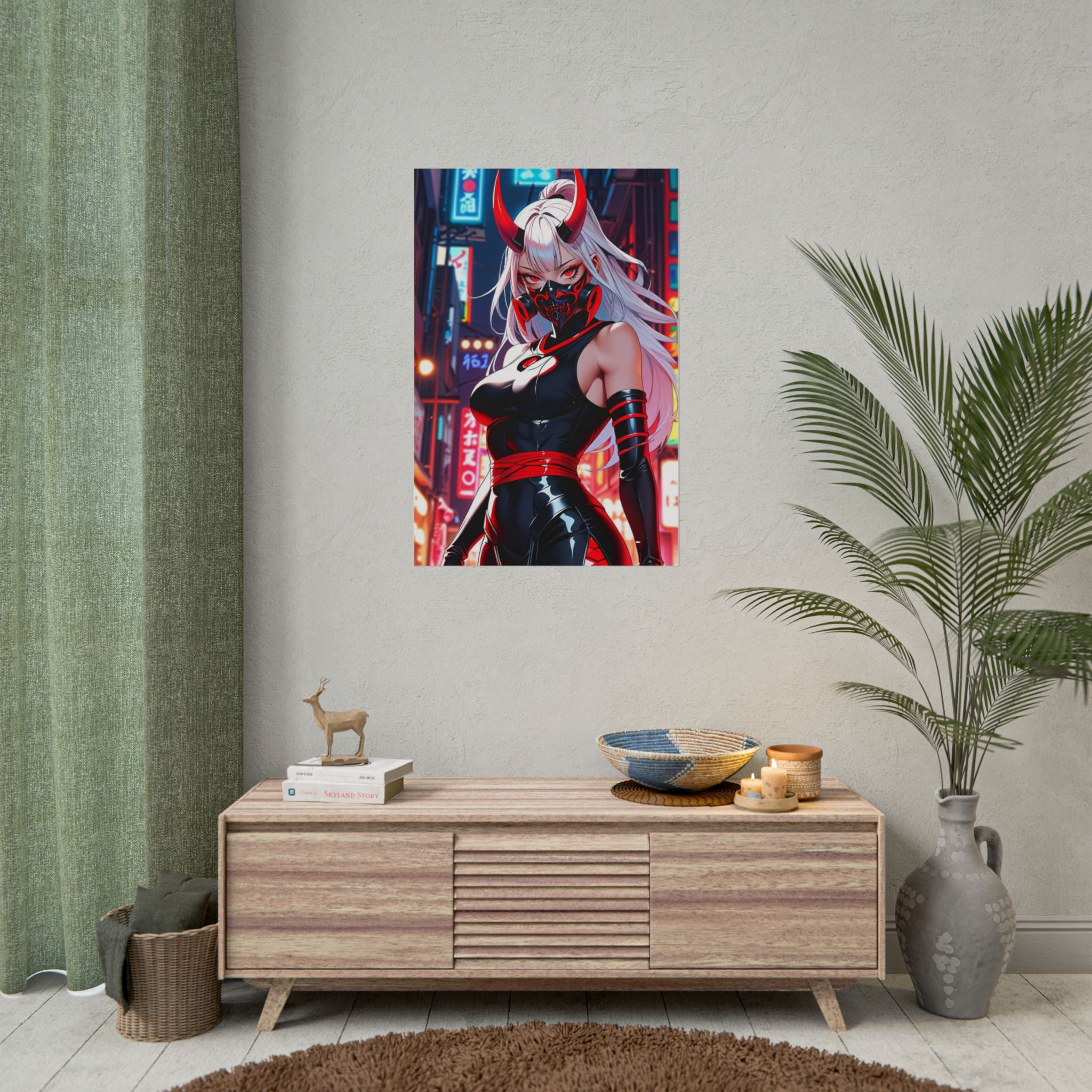 Cyberpunk Oni Demon Girl Poster – Sexy Anime Pin Up Wall Art Print, Japanese Horror Decor, Masked Manga Demon Poster