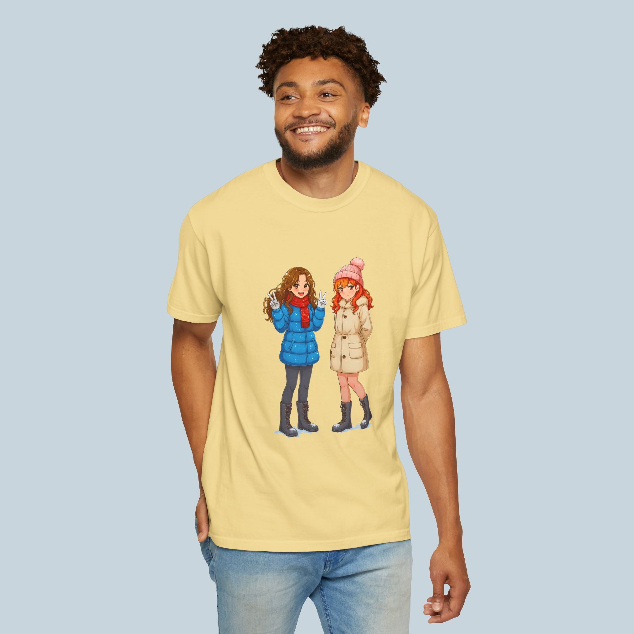 Cute Winter Anime Girls T-Shirt Cozy Slice of Life Tee for Anime Fans and Collectors