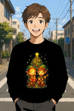Anime Christmas Tree Sweatshirt Cute Elf Duo Cozy Holiday Gift Winter Apparel for Anime Fans and Gamers