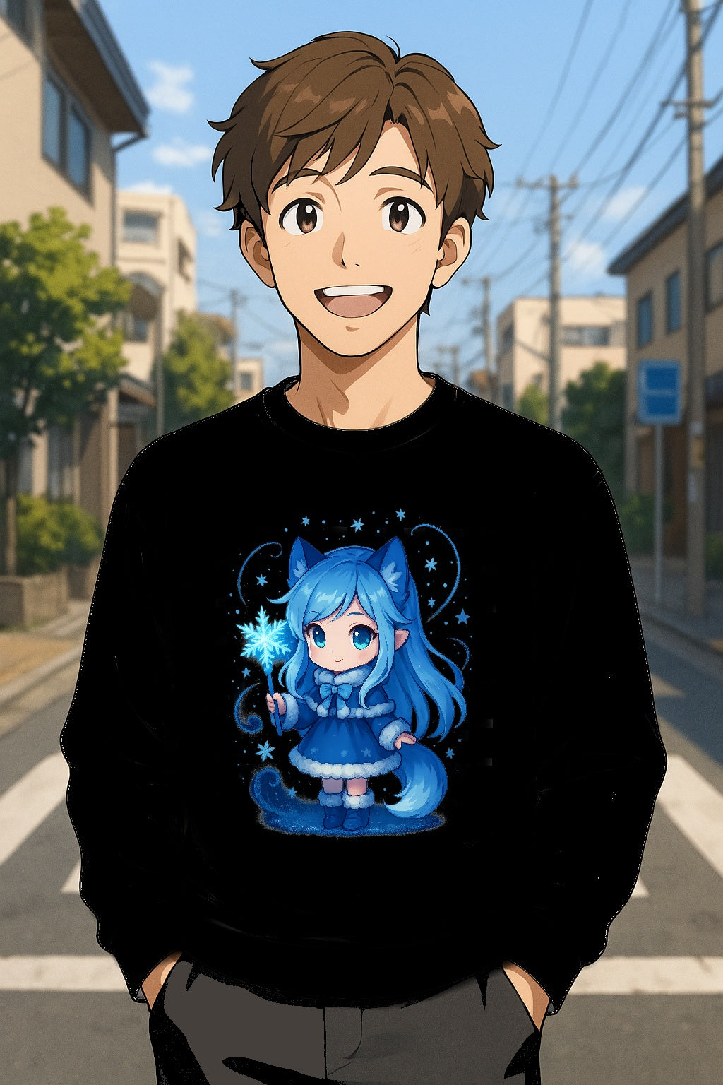 Kawaii Ice Spirit Girl Sweatshirt Cute Anime Winter Sweater Cozy Blue Aesthetic Gift for Anime Fans
