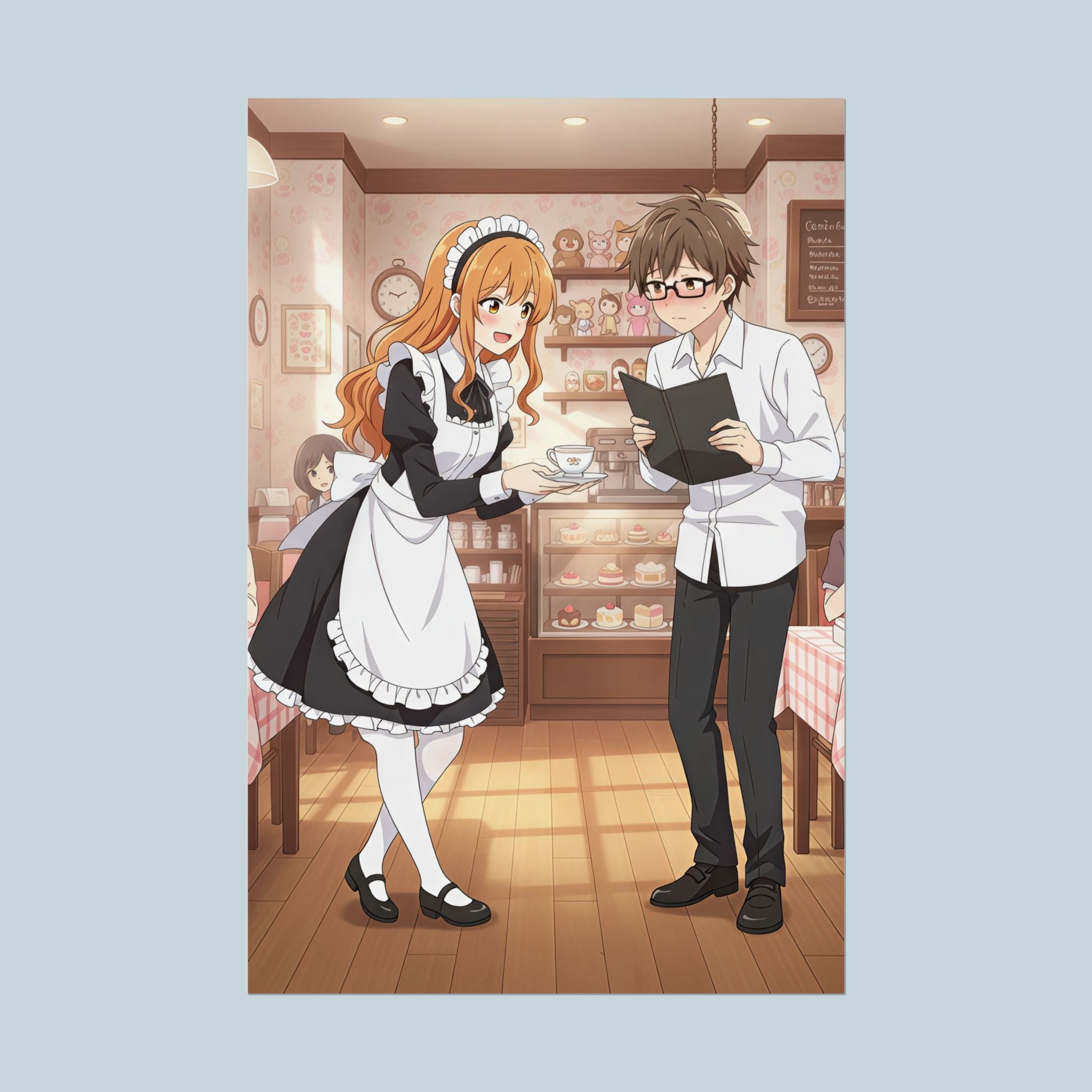 Maid Cafe Anime Poster Cute Manga Style Wall Art Kawaii Waitress and Customer Scene Japanese Cafe Decor Gift for Otaku Fans