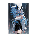 Ice Oni Girl Poster – Anime Demon Wall Art Print, Blue Oni Mask Spirit, Japanese Yokai Fantasy Poster, Cyberpunk Manga Pin Up Wall Decor