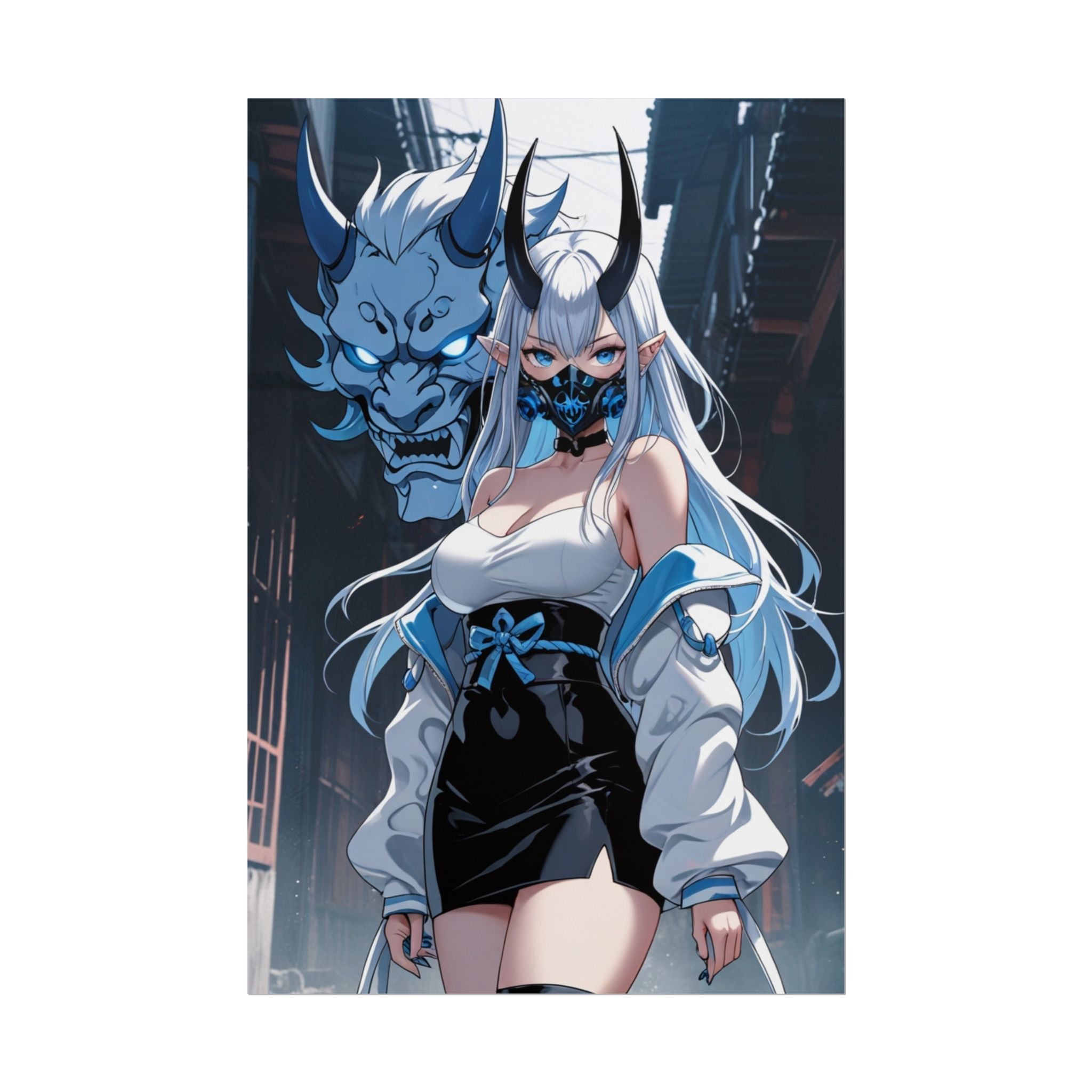 Ice Oni Girl Poster – Anime Demon Wall Art Print, Blue Oni Mask Spirit, Japanese Yokai Fantasy Poster, Cyberpunk Manga Pin Up Wall Decor
