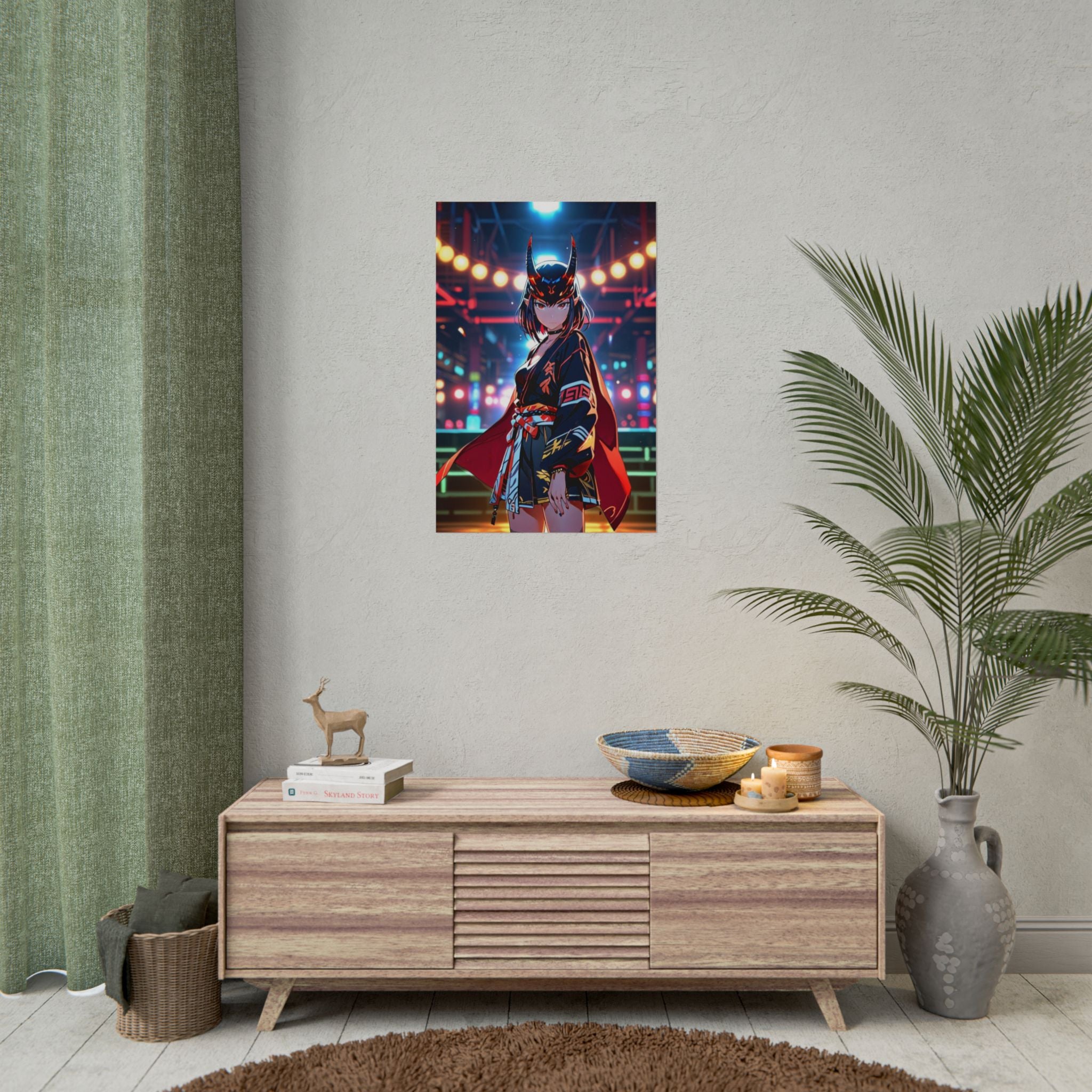 Oni Mask Demon Girl Poster - Cyberpunk Anime Wall Art - Japanese Horror Fantasy Decor - Epic Anime Apparel