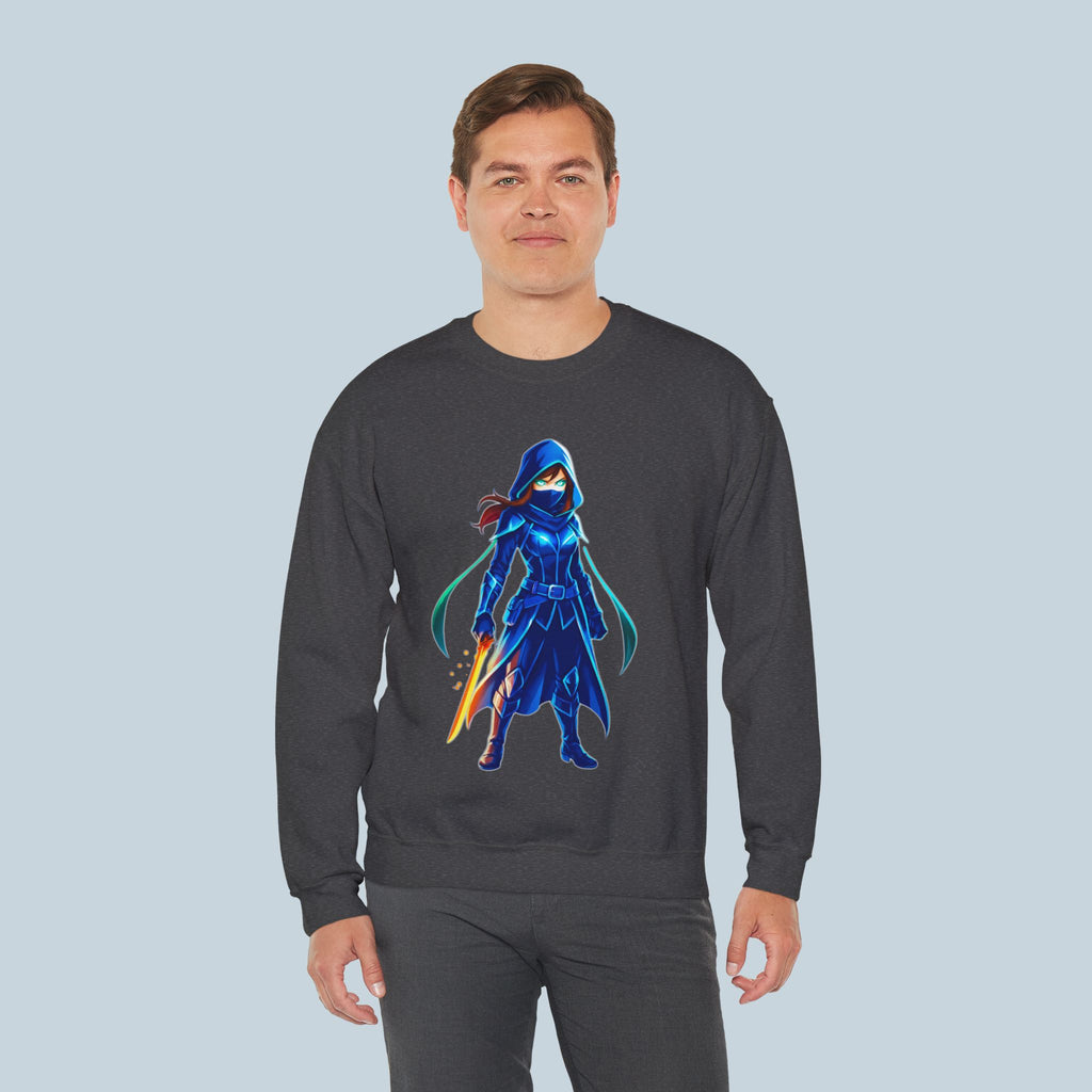 Blue Ninja Anime Sweatshirt Assassin Girl Glow Blade Japanese Streetwear Gift for Gamers and Anime Fans