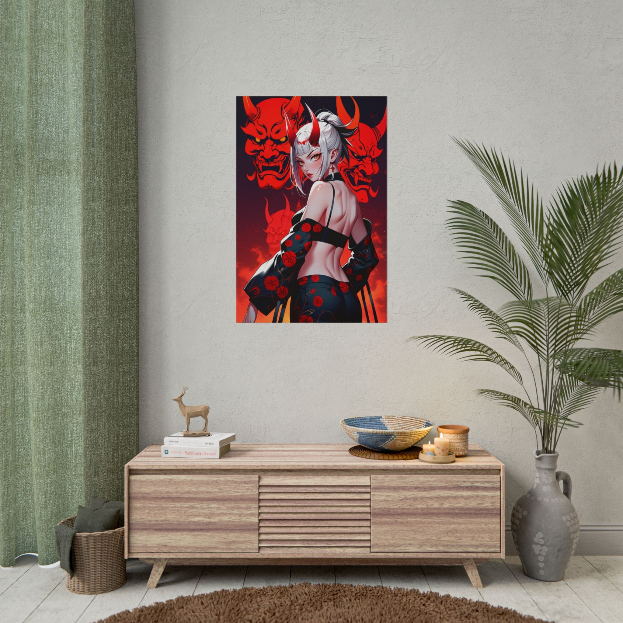Oni Mask Demon Girl Poster – Sexy Anime Pin Up Wall Art Print, Japanese Horror Decor, Cyberpunk Manga Demon Poster