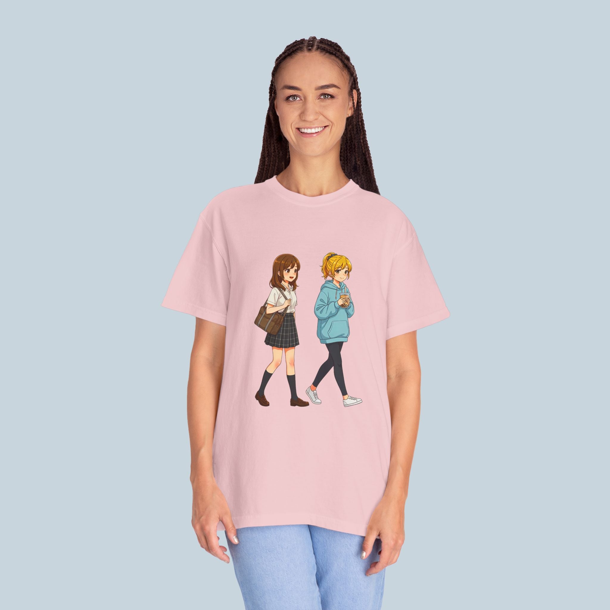 Anime School Friends T-Shirt — Cute Walking Duo Graphic Tee