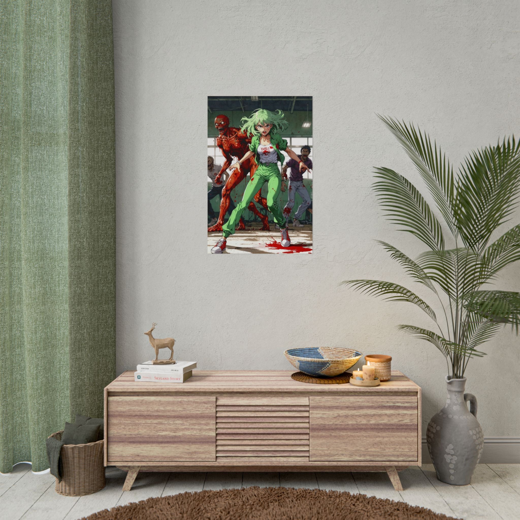 Zombie Gym Nightmare Anime Poster – Green-Haired Survivor Horror Wall Art, Apocalypse Action Print, Zomba Squad Decor