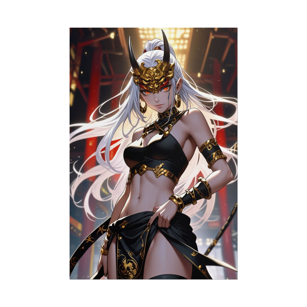 Oni Demon Queen Poster - White Hair Horned Mask Anime Wall Art, Dark Fantasy Samurai Girl Print, Gothic Japanese Aesthetic Decor