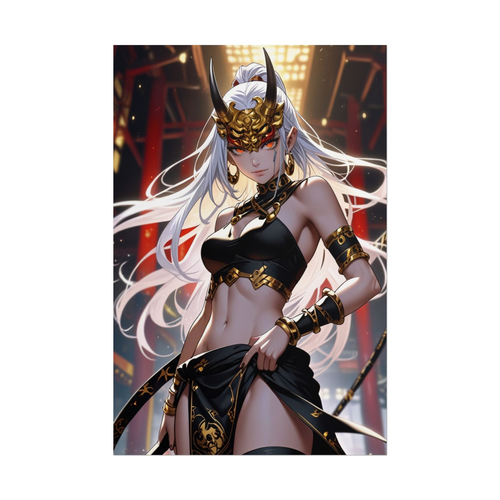 Oni Demon Queen Poster - White Hair Horned Mask Anime Wall Art, Dark Fantasy Samurai Girl Print, Gothic Japanese Aesthetic Decor