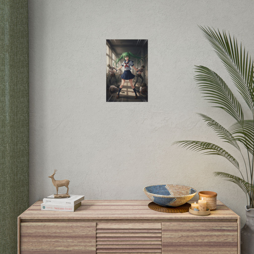 Zombie Schoolgirl Anime Poster, Apocalypse Hallway Manga Wall Art, Horror Anime Print, Japanese Zombie Survival Decor, Retro Horror Anime Girl Poster