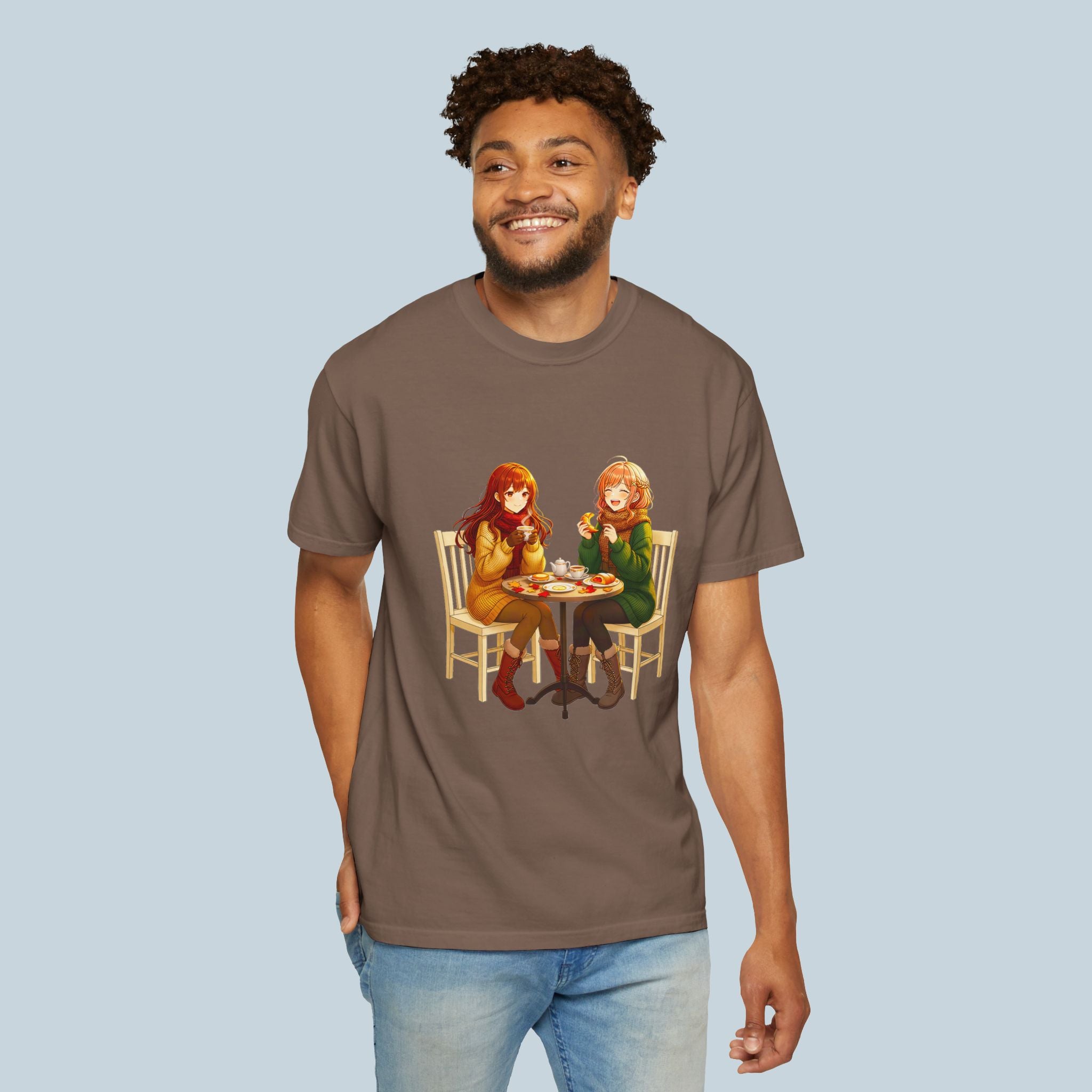 Anime Café Girls T-Shirt Comfort Colors Cute Autumn Friends Shirt Kawaii Manga Style Gift for Anime Lovers and Foodies