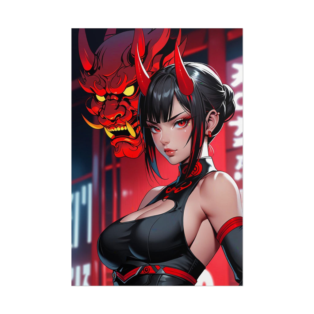 Oni Mask Demon Girl Poster – Cyberpunk Anime Wall Art Print, Japanese Horror Decor, Neon Manga Pin Up Girl Poster