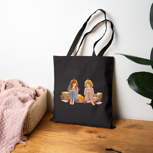 Anime Girl Tote Bag Cozy Pajama Scene with Cat Cute Kawaii Manga Style Black Cotton Canvas Gift for Anime Lovers