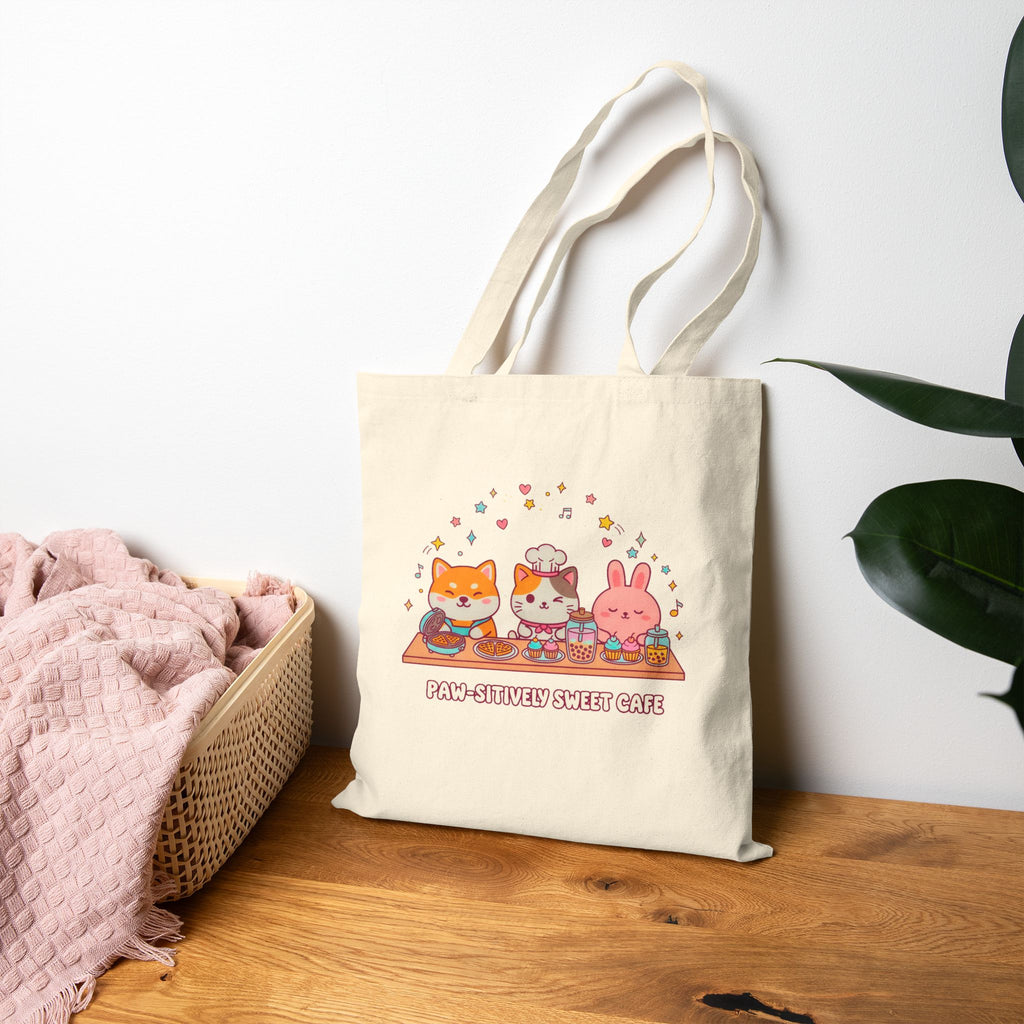 Kawaii Picnic Cute Characters Cotton Canvas Tote — Cat, Cake Friend & Bunny Design