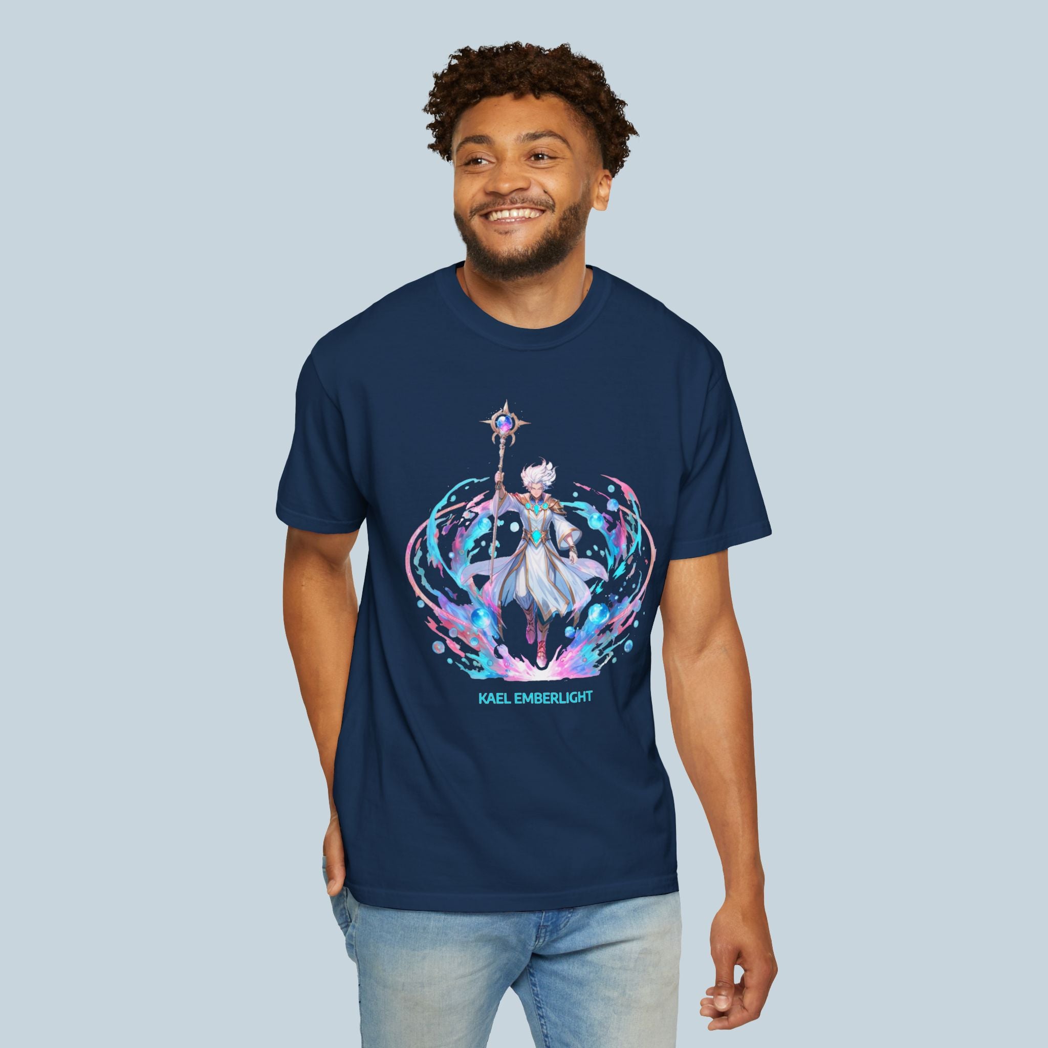 Kael Emberlight Anime T-Shirt – Neon Fantasy Mage Design on Comfort Colors Tee