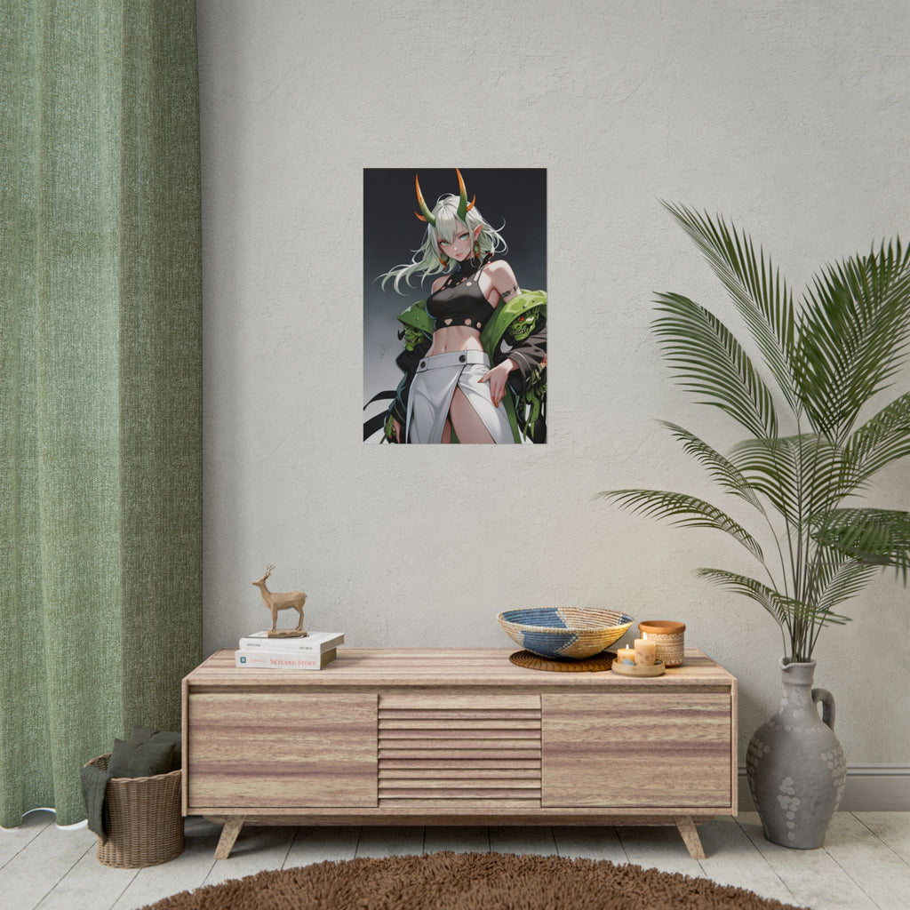 Green Oni Demon Girl Anime Poster – Horror Pin Up Wall Art, Toxic Yokai Streetwear Fantasy Print, Horned Anime Girl Collector Poster | Epic Anime Apparel