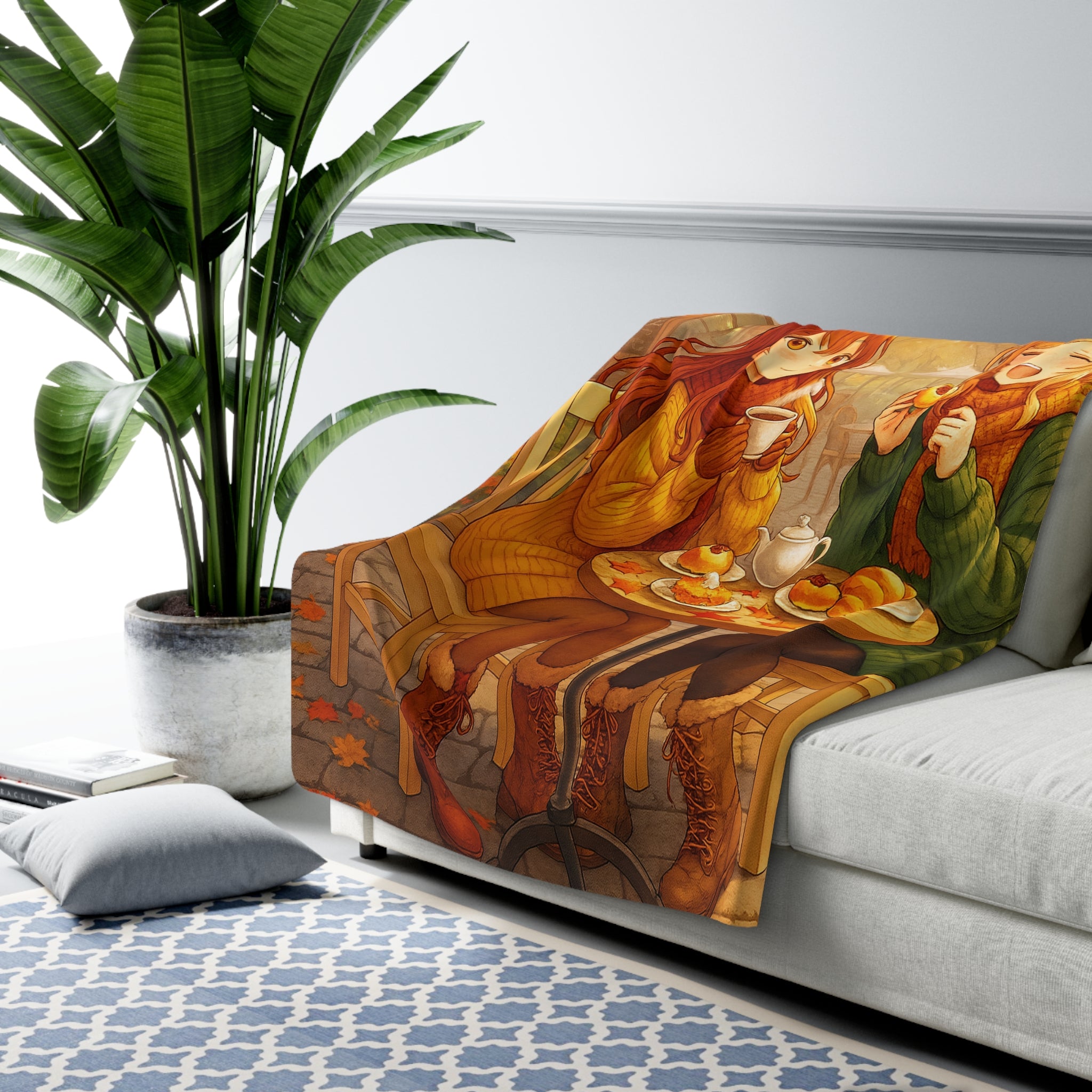 Autumn Café Sherpa Blanket Cozy Anime Fall Decor Warm Fleece Gift for Anime Lovers