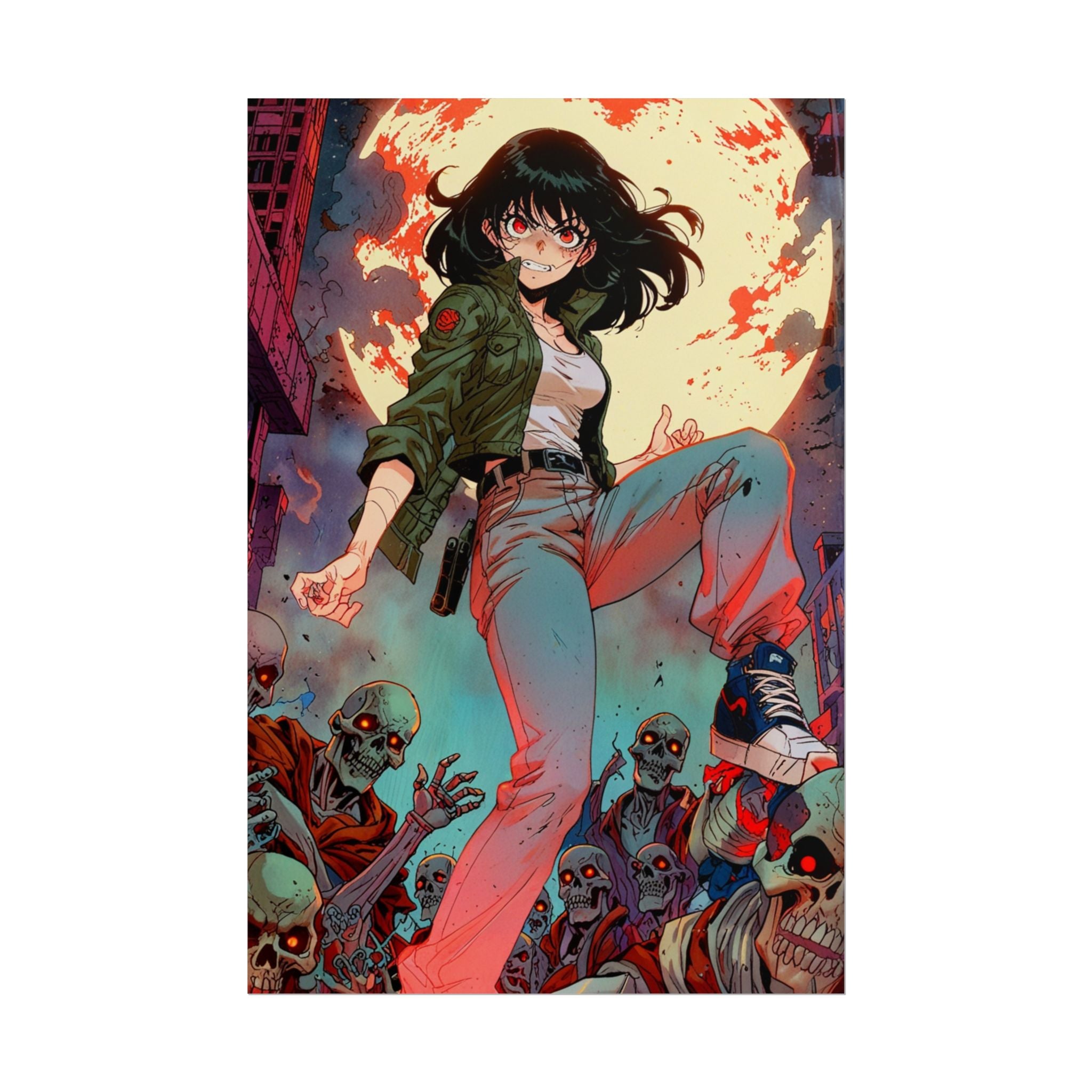 Converse Zombie Stomper Anime Poster – Horror Apocalypse Wall Art, Retro Moonlit Zombie Slayer Print, Zomba Squad Decor